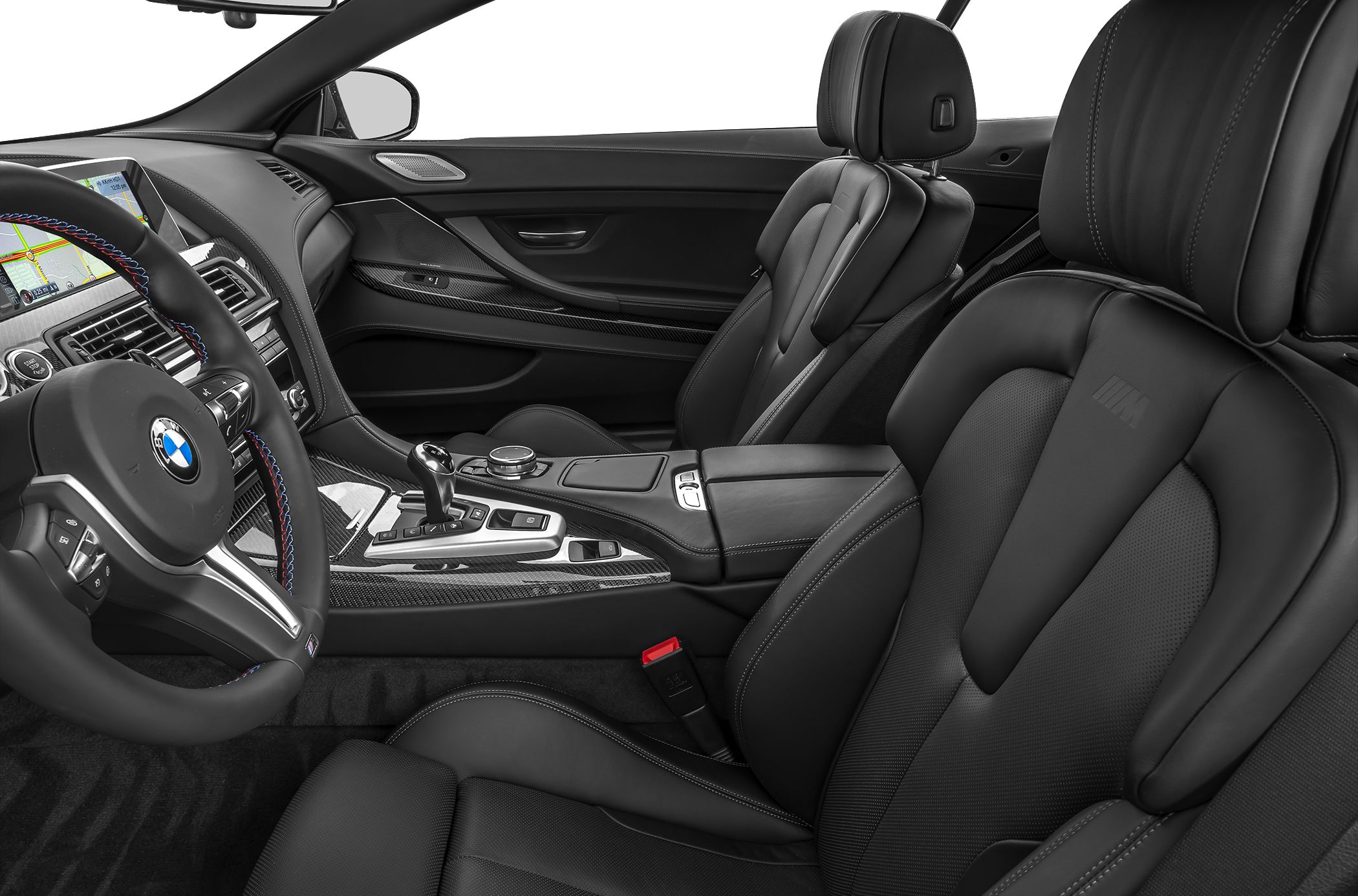 Black leather sport seats with carbon fiber trim and advanced controls