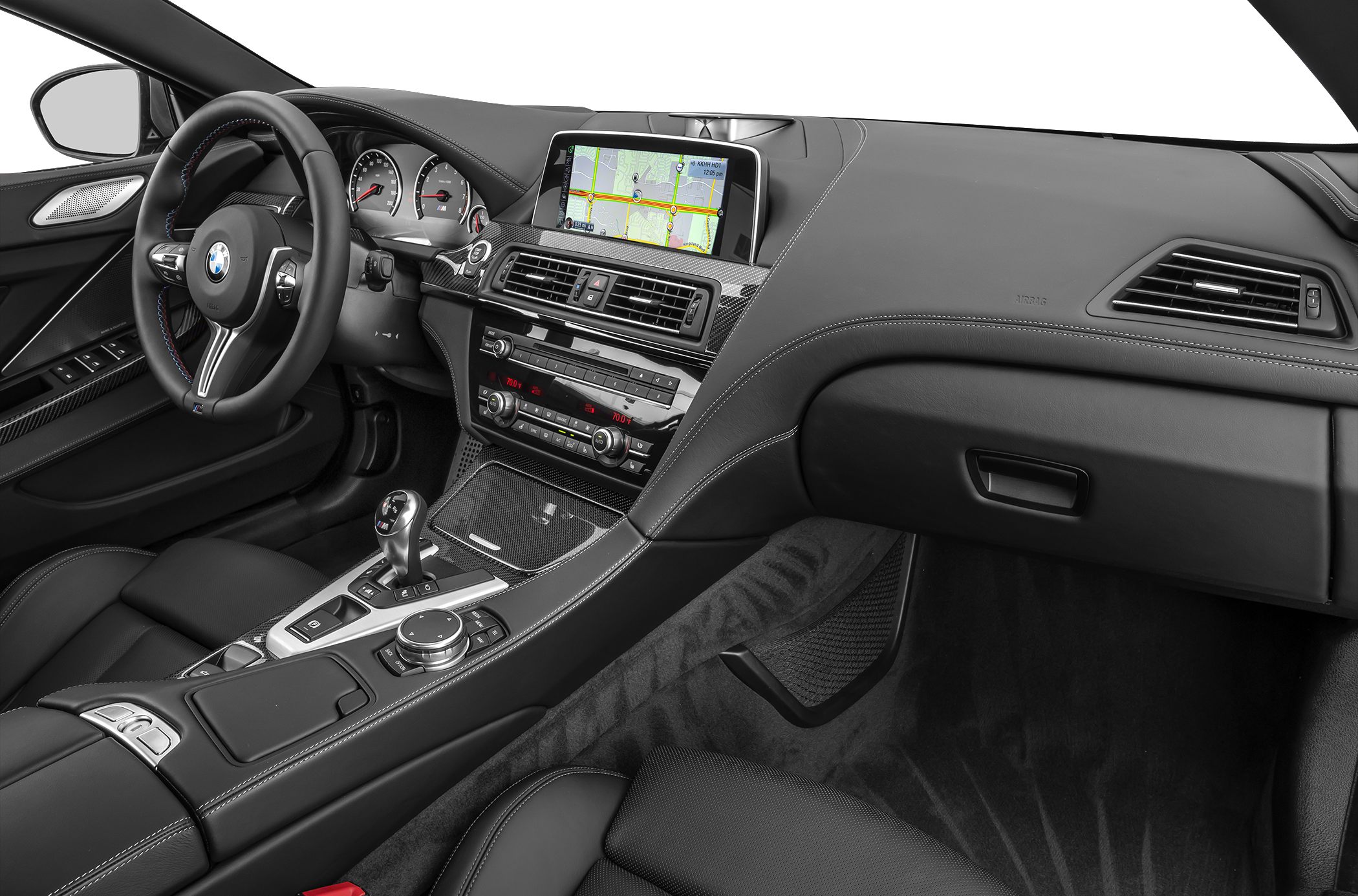 Luxury car interior dashboard with navigation display and automatic gear shifter