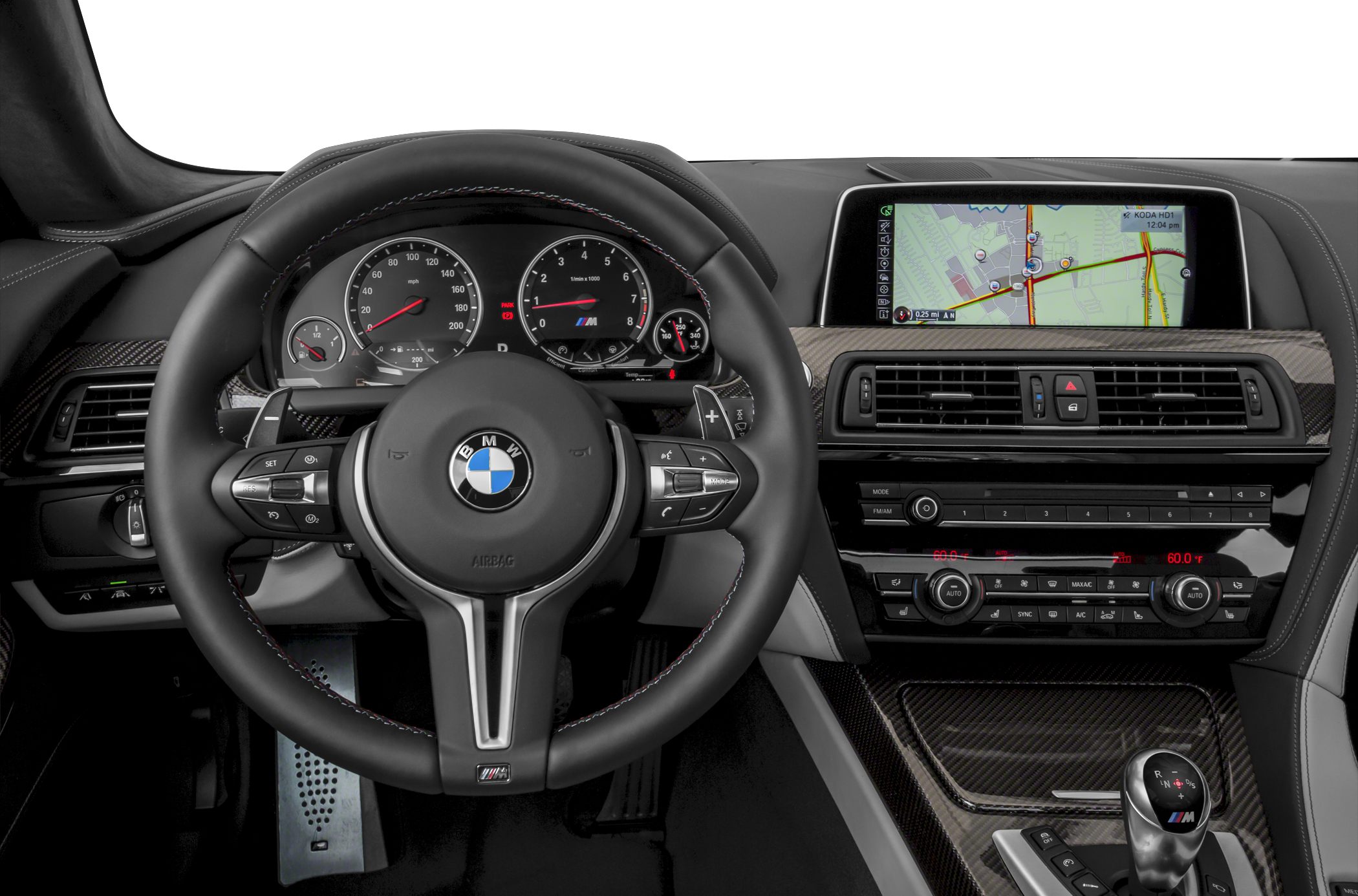 Steering wheel, instrument cluster, infotainment system, carbon fiber trim