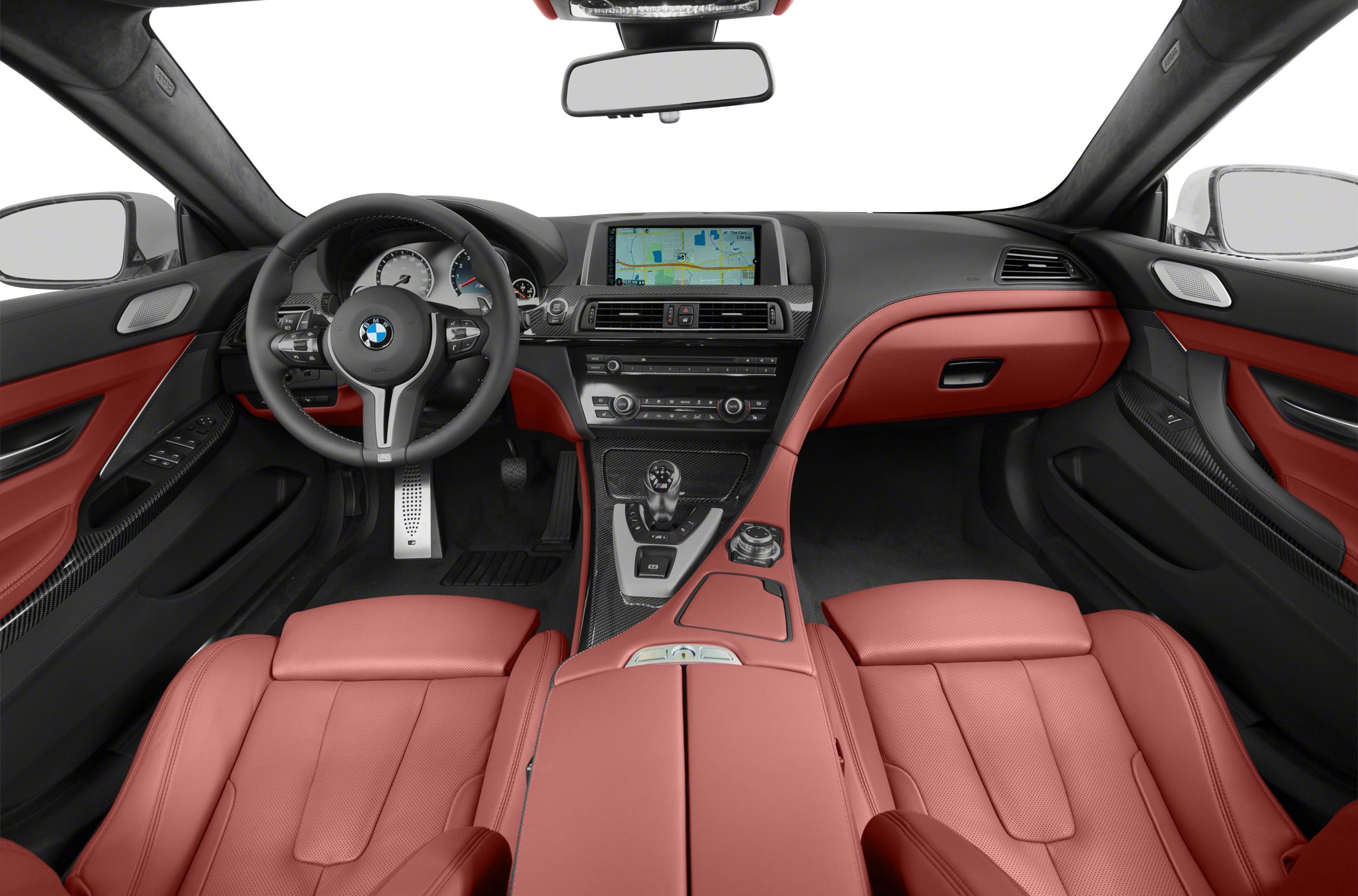 Red leather seats with modern dashboard and infotainment system