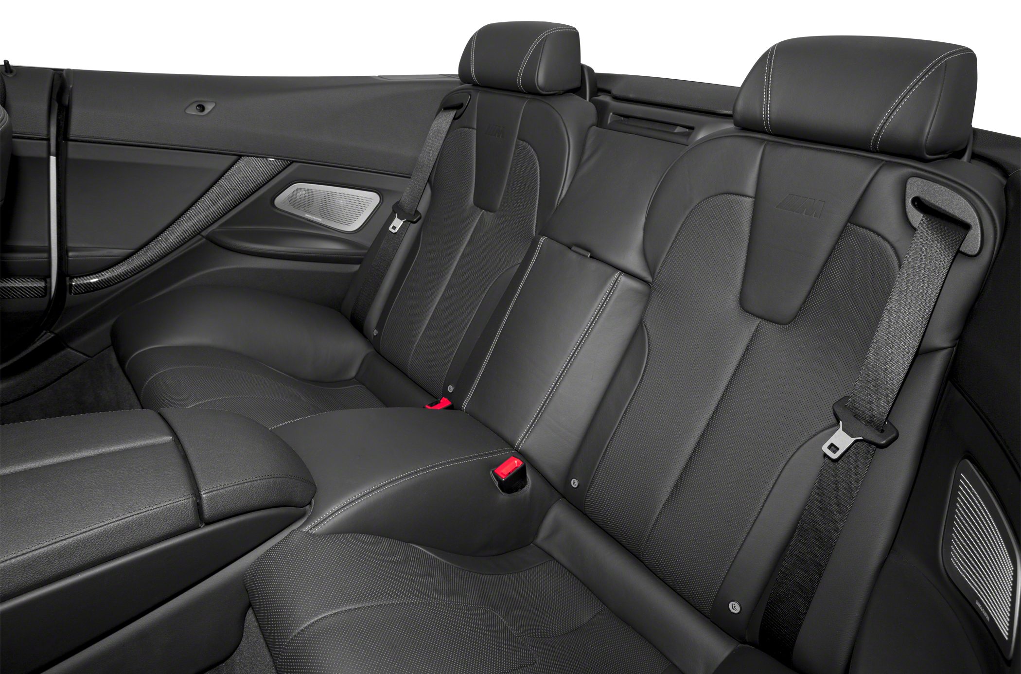 Black leather rear seats with stitching and seat belts