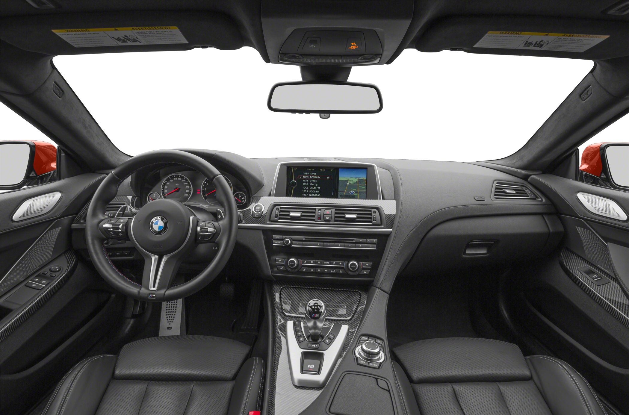 Interior dashboard with steering wheel and carbon fiber center console