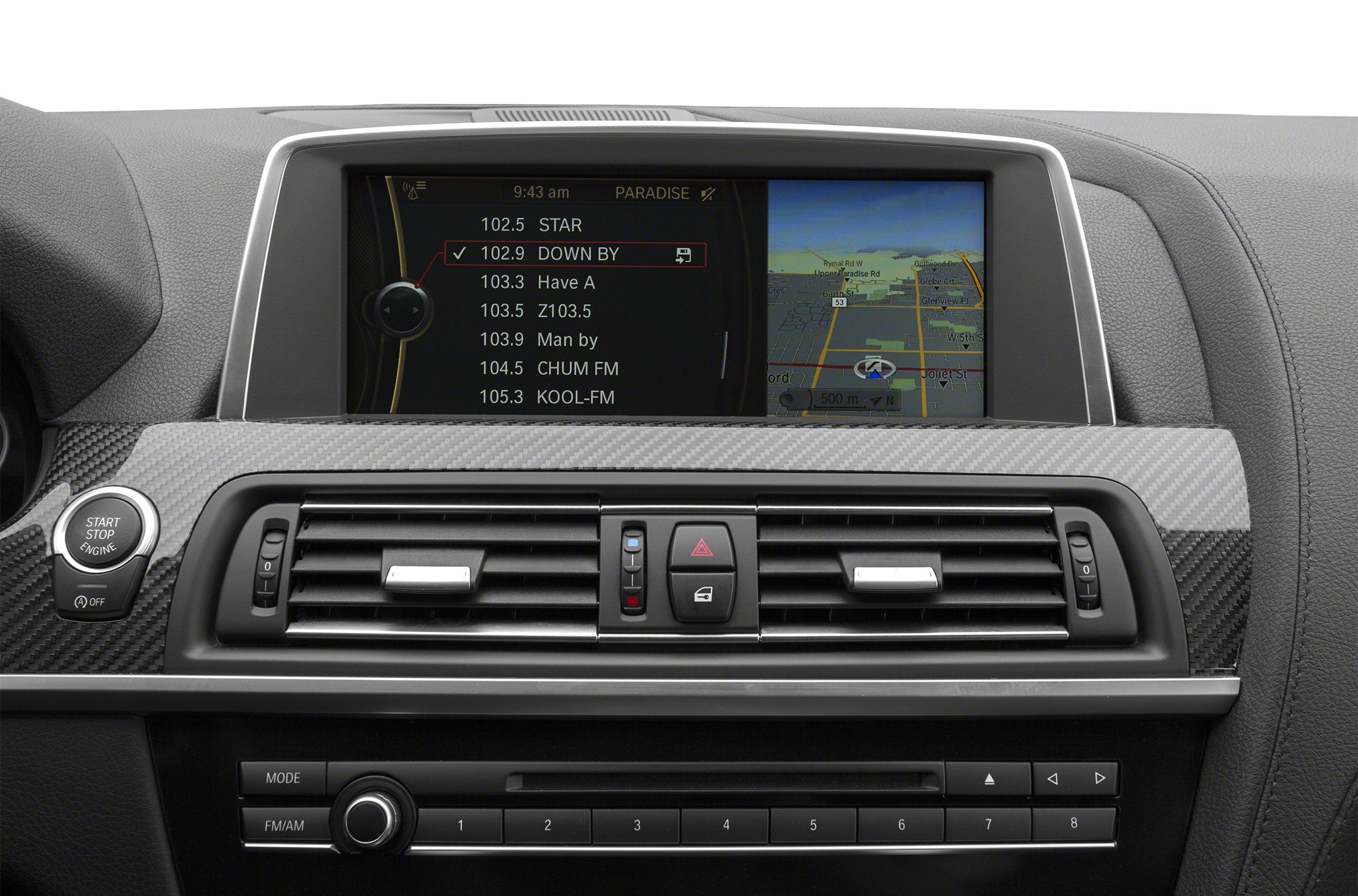 Navigation display and media control panel with climate vents and start/stop button
