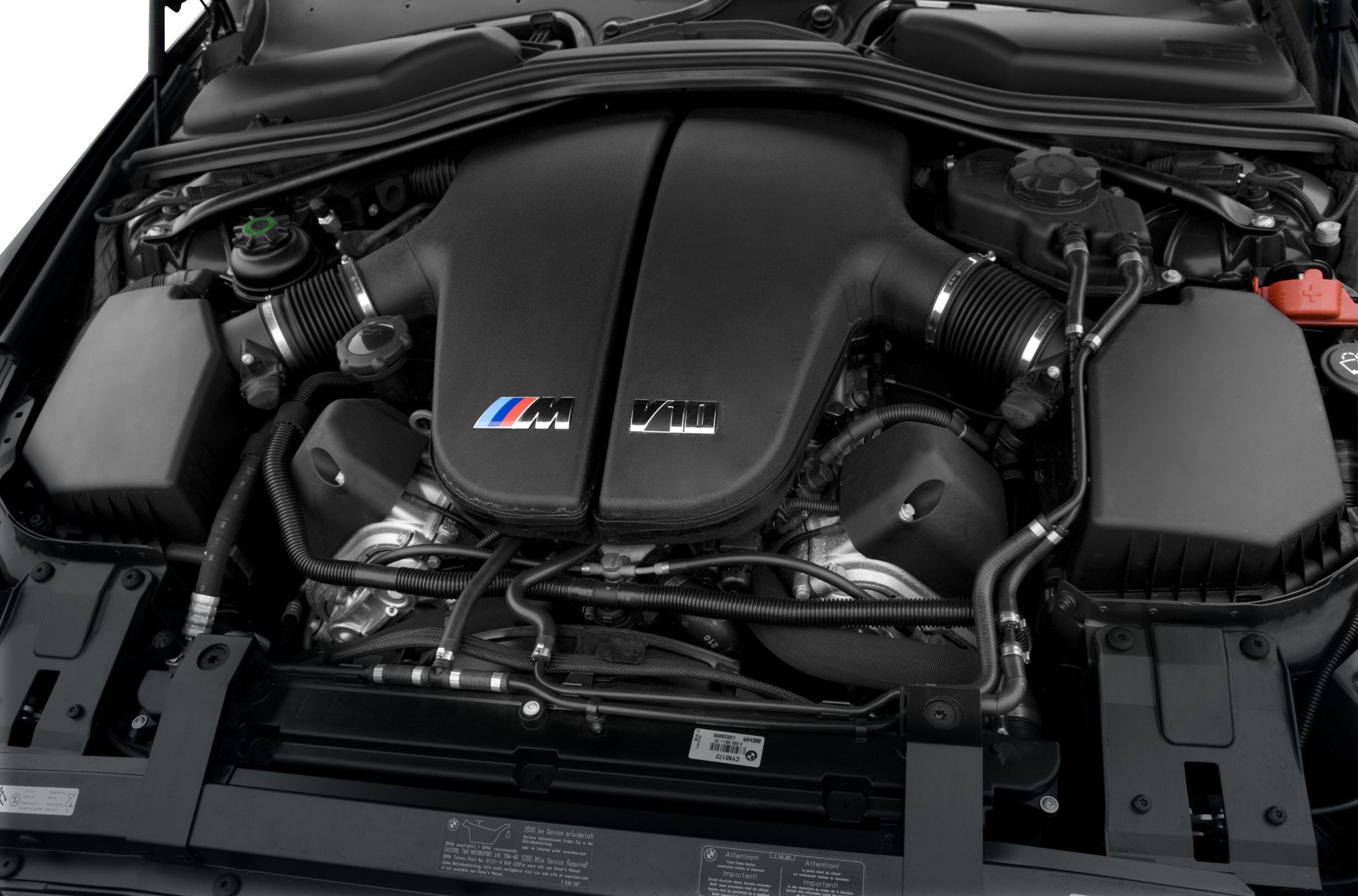 V10 engine cover with BMW M logo in engine bay