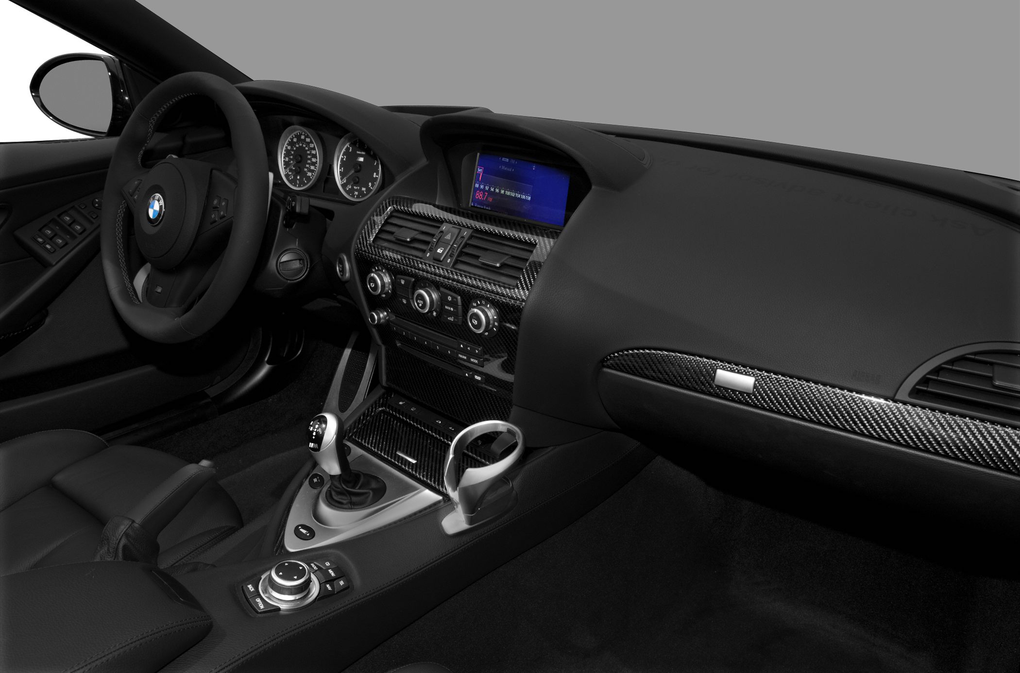 Interior with carbon fiber trim and manual gear shifter