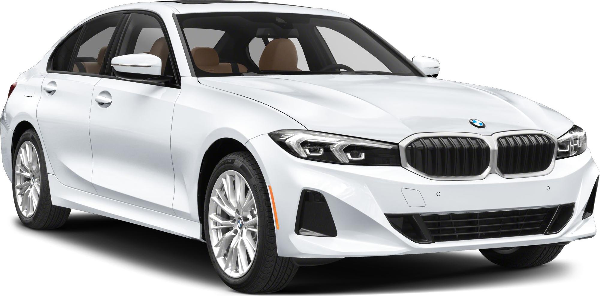 Front view of a modern sedan with LED headlights and signature kidney grille.