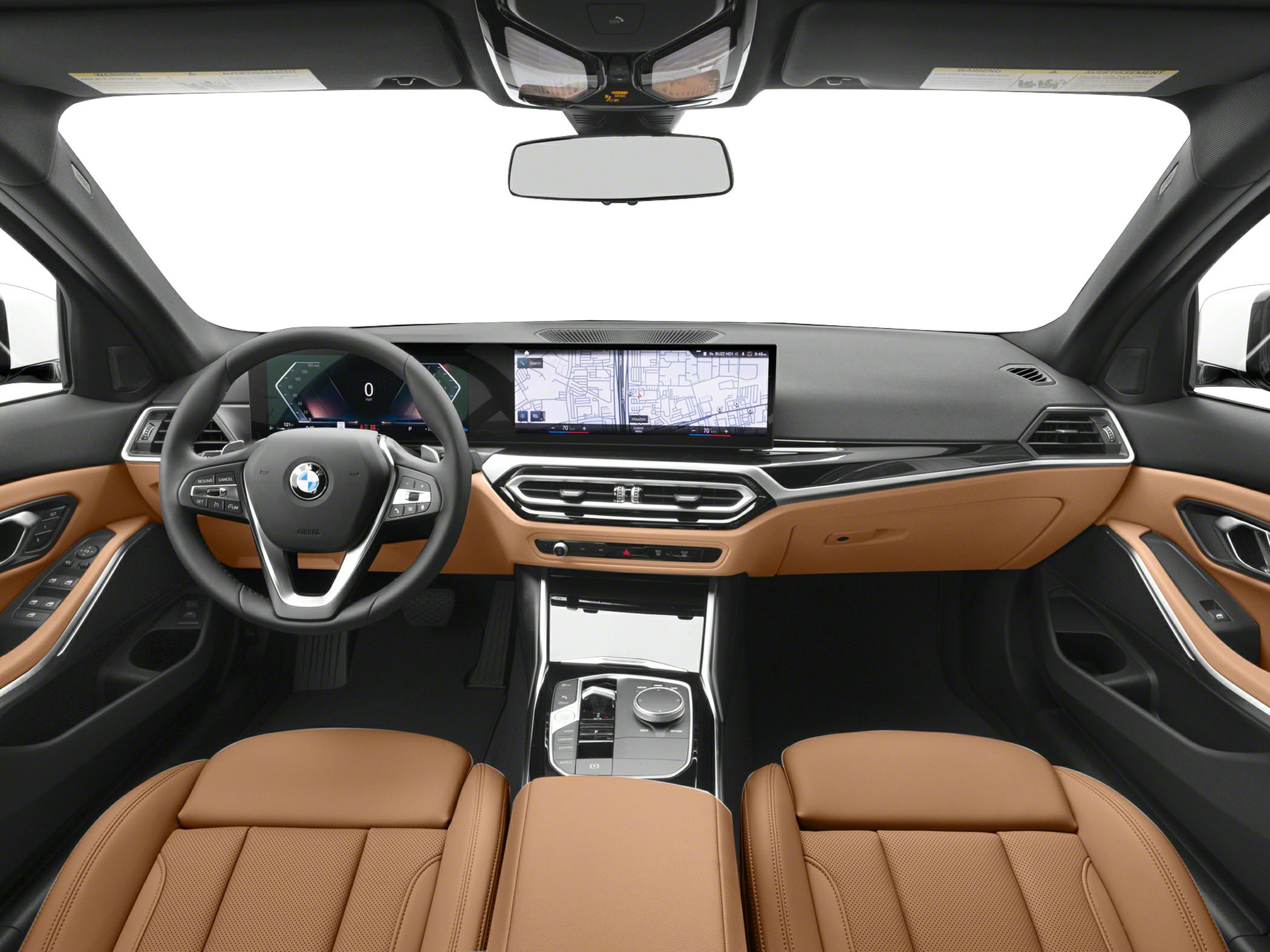 Modern sedan interior with digital dashboard and leather seats