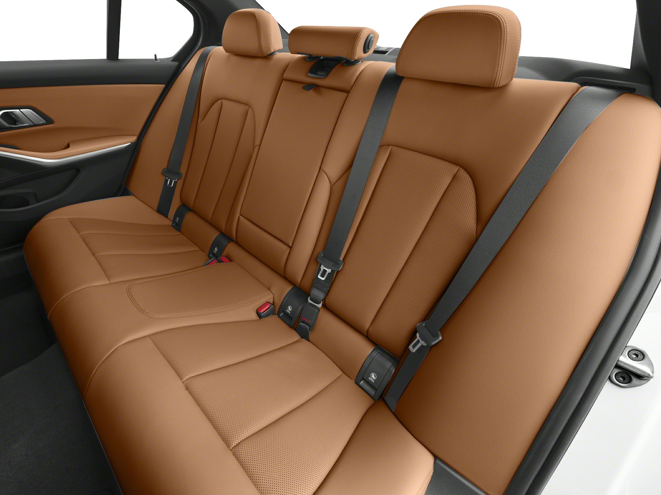 Rear seat brown leather upholstery with seatbelt in modern design