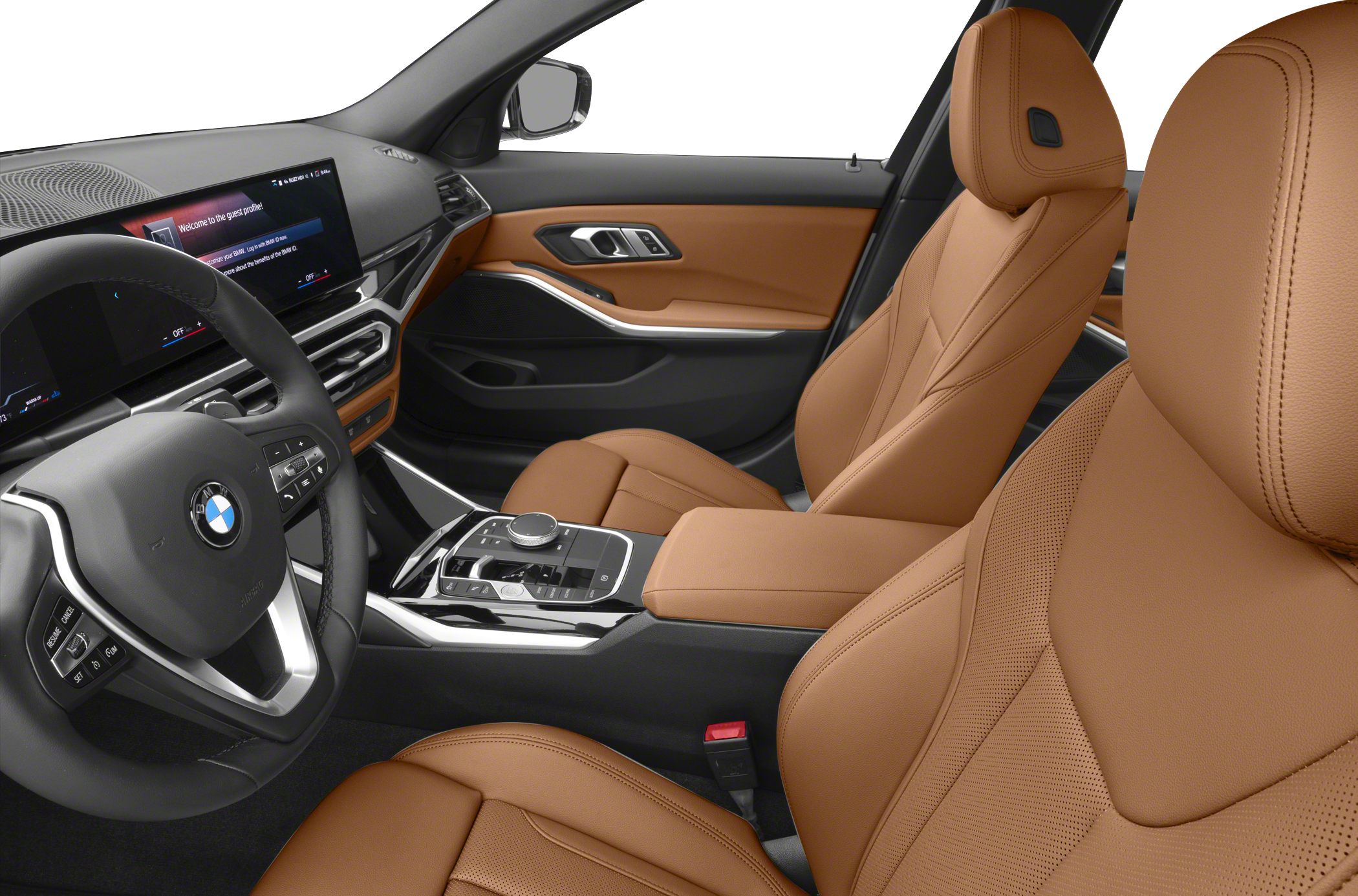Luxury tan leather seats and digital cockpit interior with control panel and steering wheel
