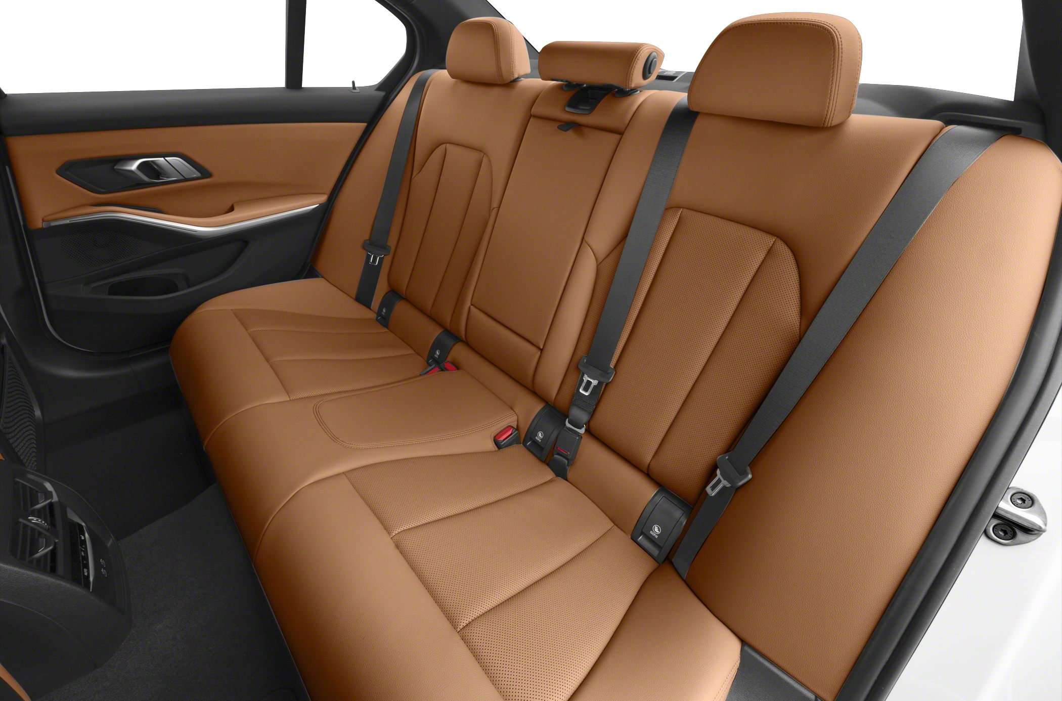 Brown leather rear seat upholstery with seat belts and door panel