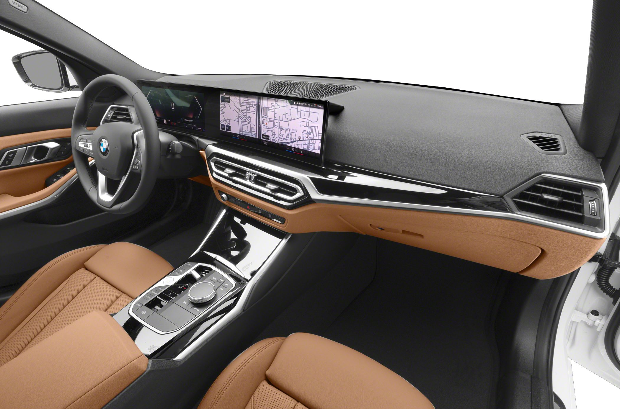 Modern luxury dashboard with dual digital displays and center console controls