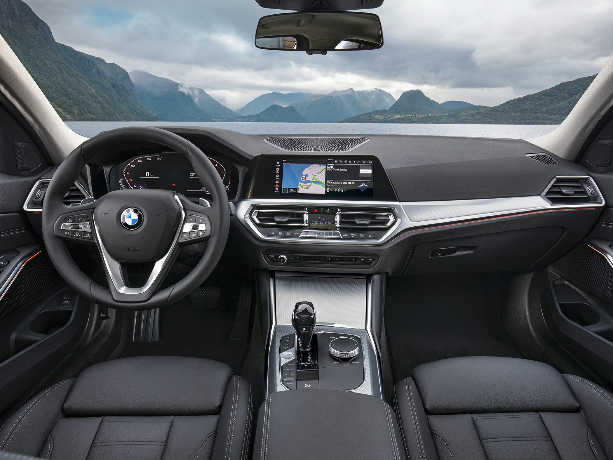 Interior dashboard with digital instrument cluster and central navigation display