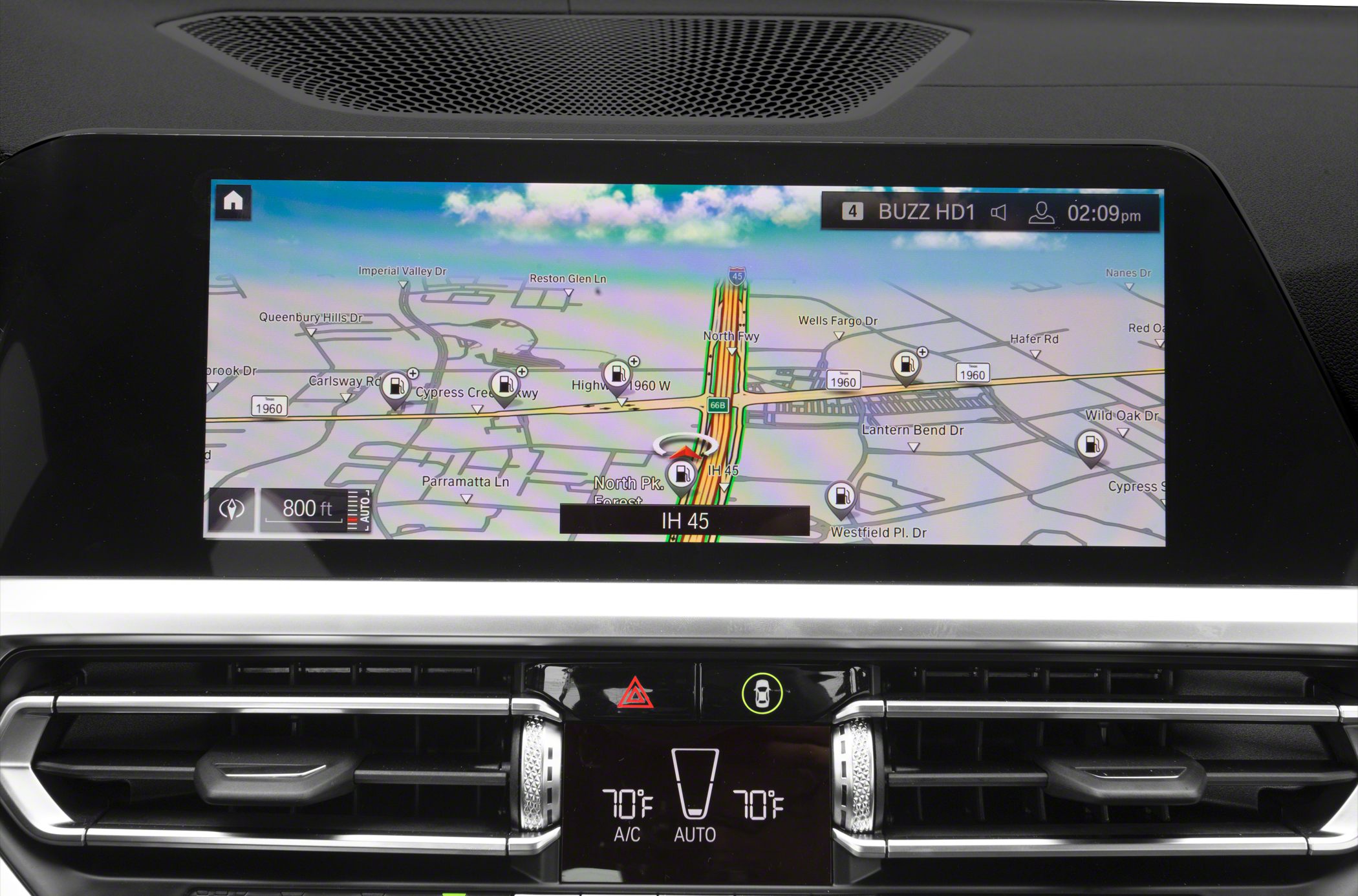 Car infotainment navigation screen with climate control panel
