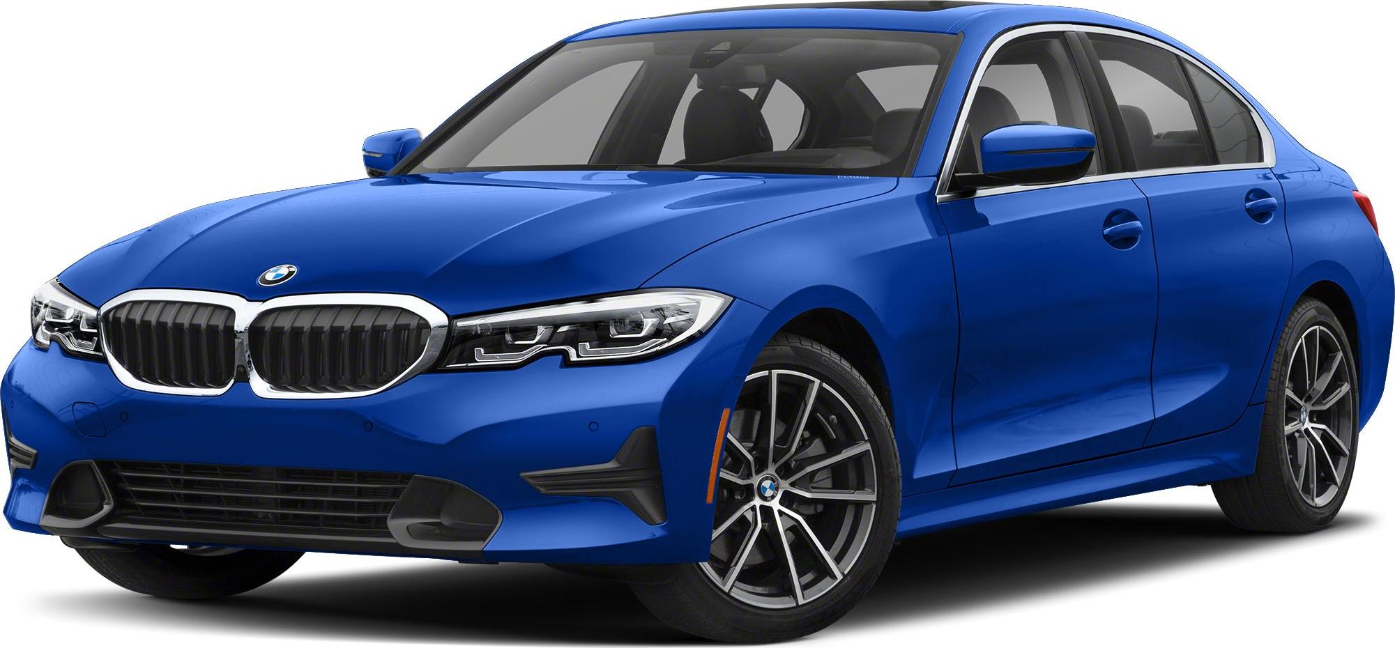 Blue sedan front angle with kidney grille and alloy wheels