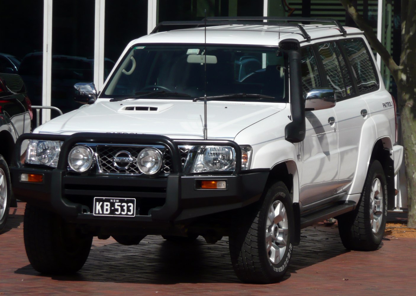 Front view of white SUV with bull bar, snorkel, and roof rails