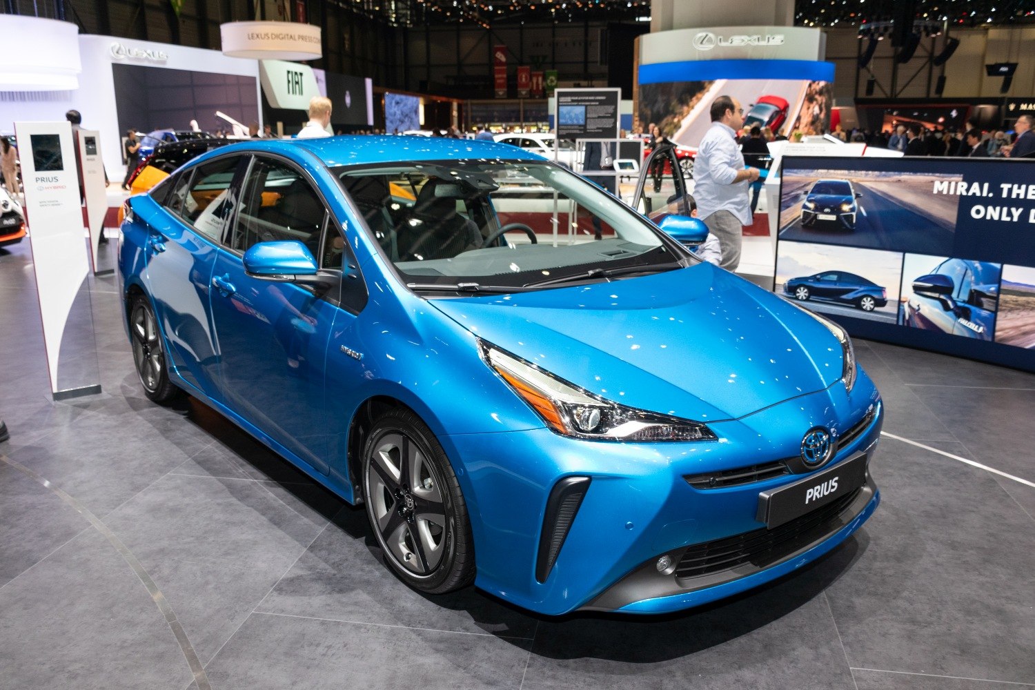 Electric blue hybrid car front and side view with aerodynamic design