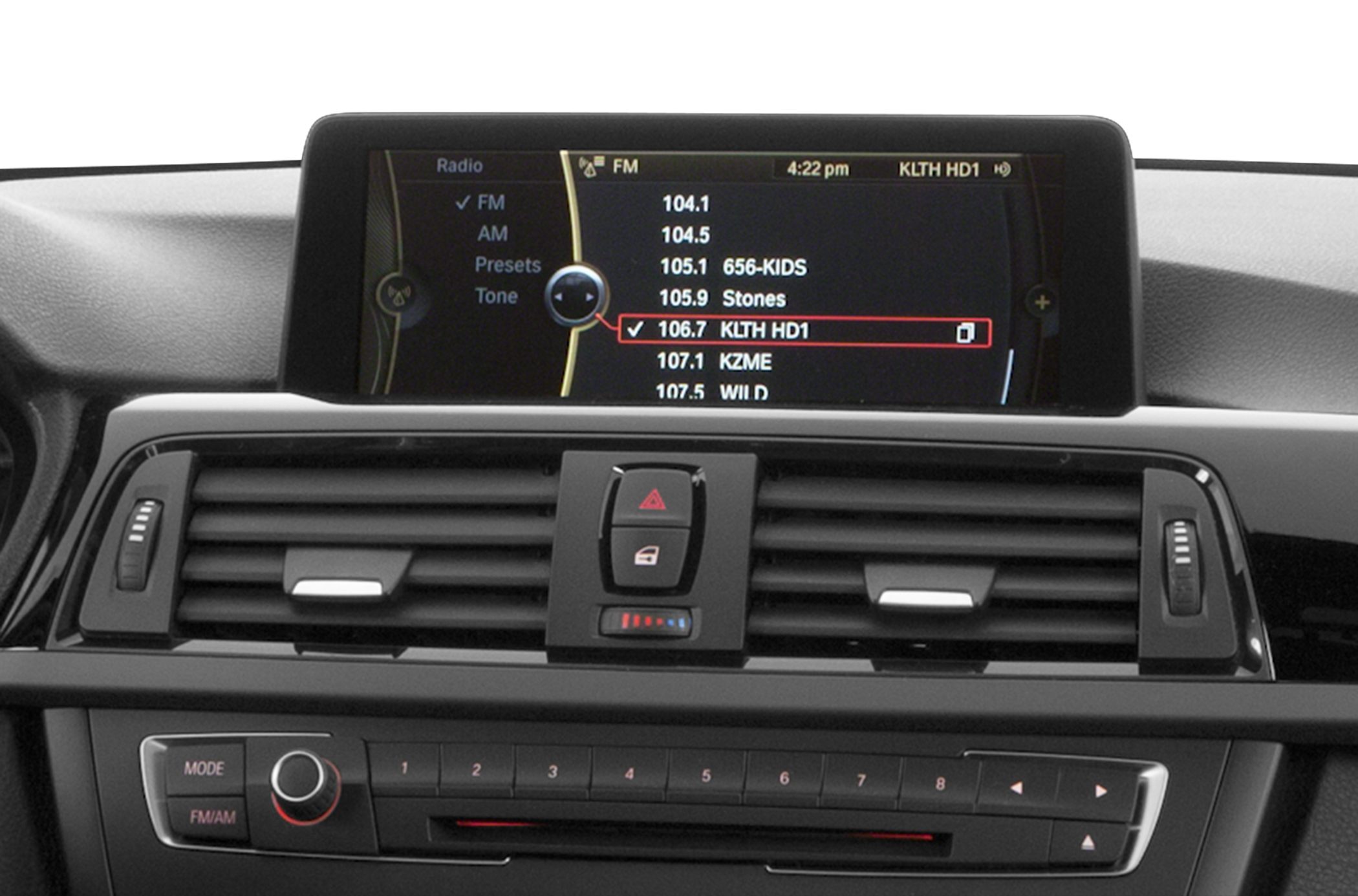 Central infotainment screen and dashboard radio controls