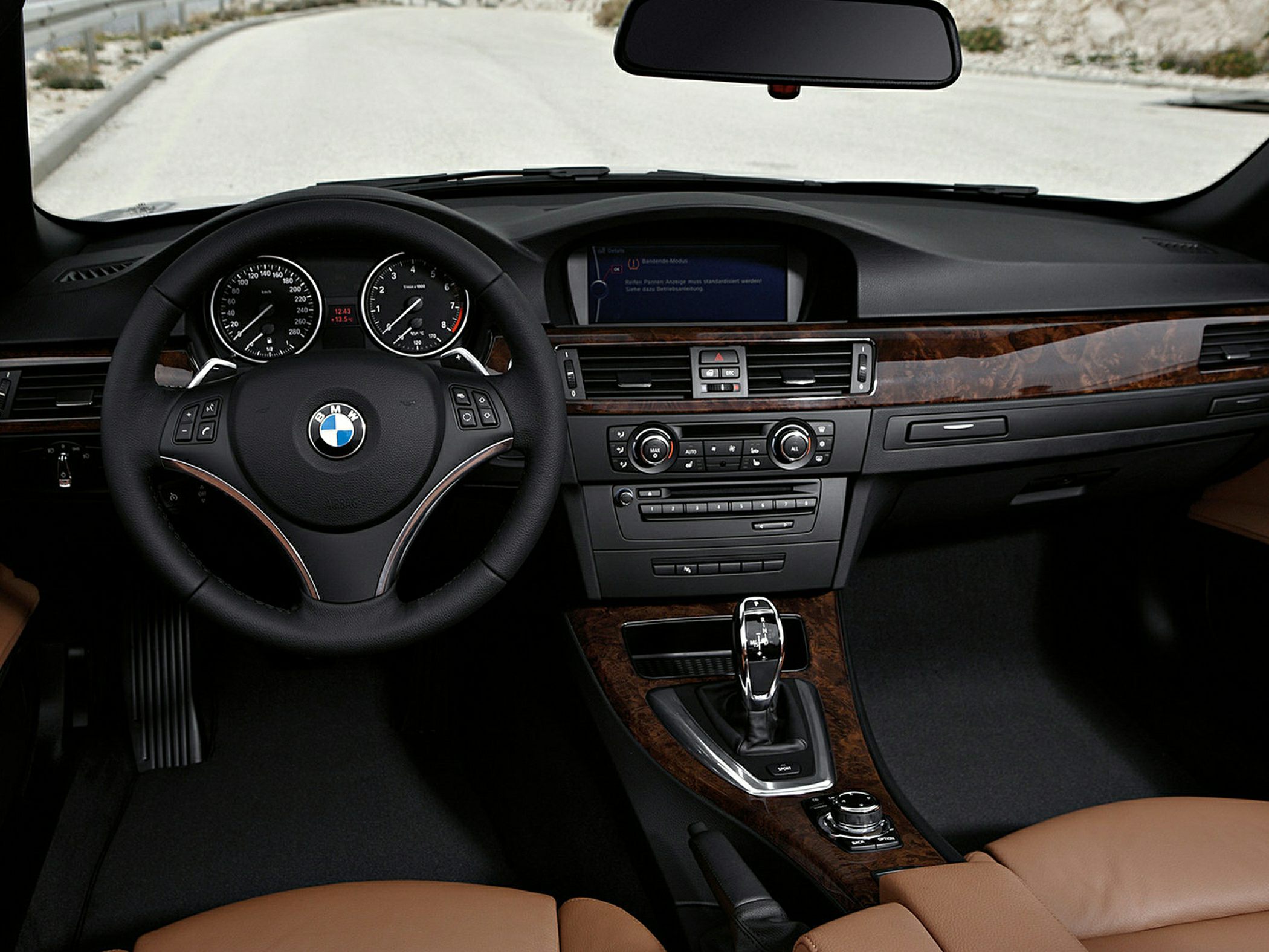 Dashboard and steering wheel with wood trim interior
