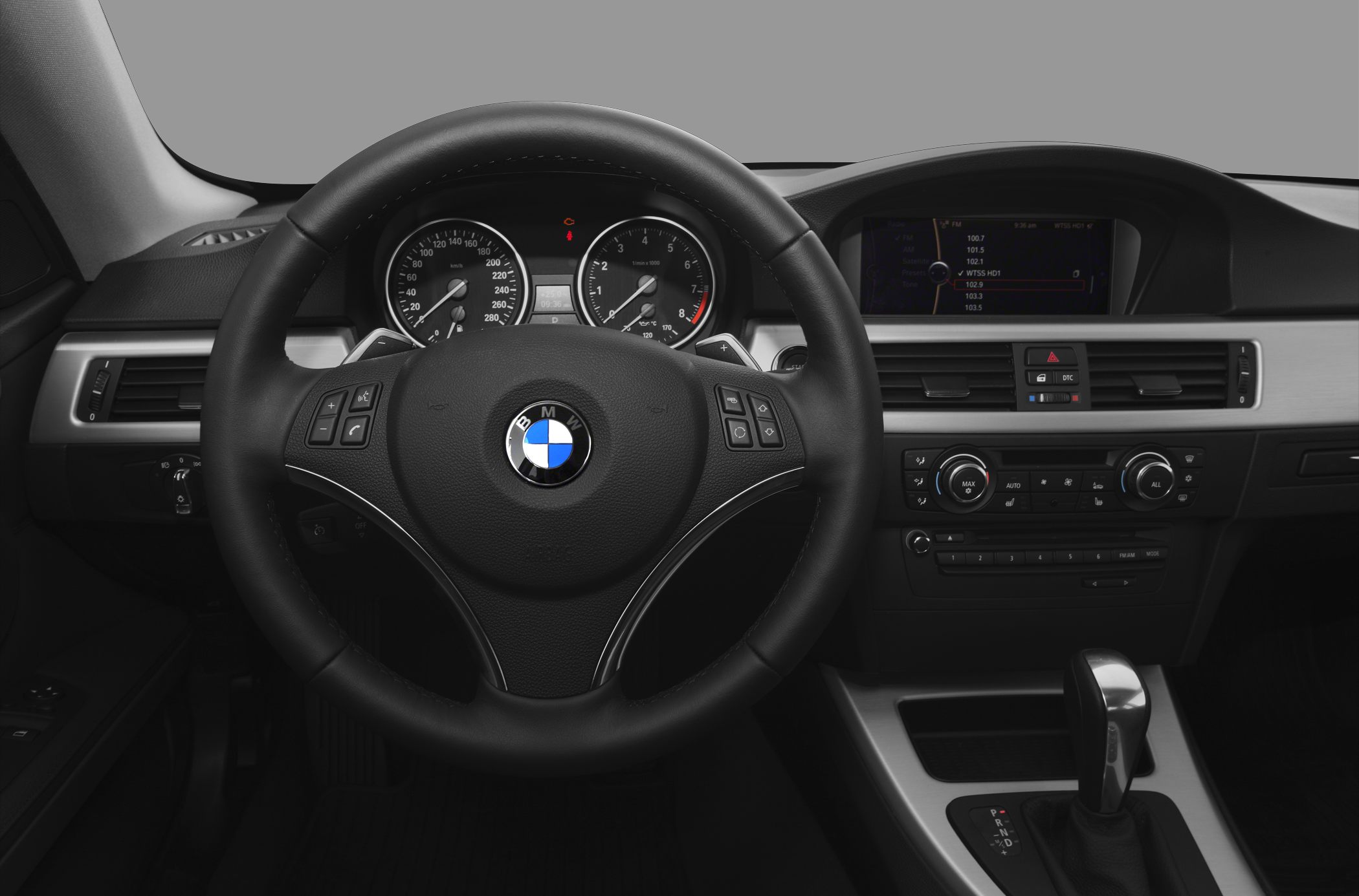 Steering wheel, dashboard, center console with infotainment display
