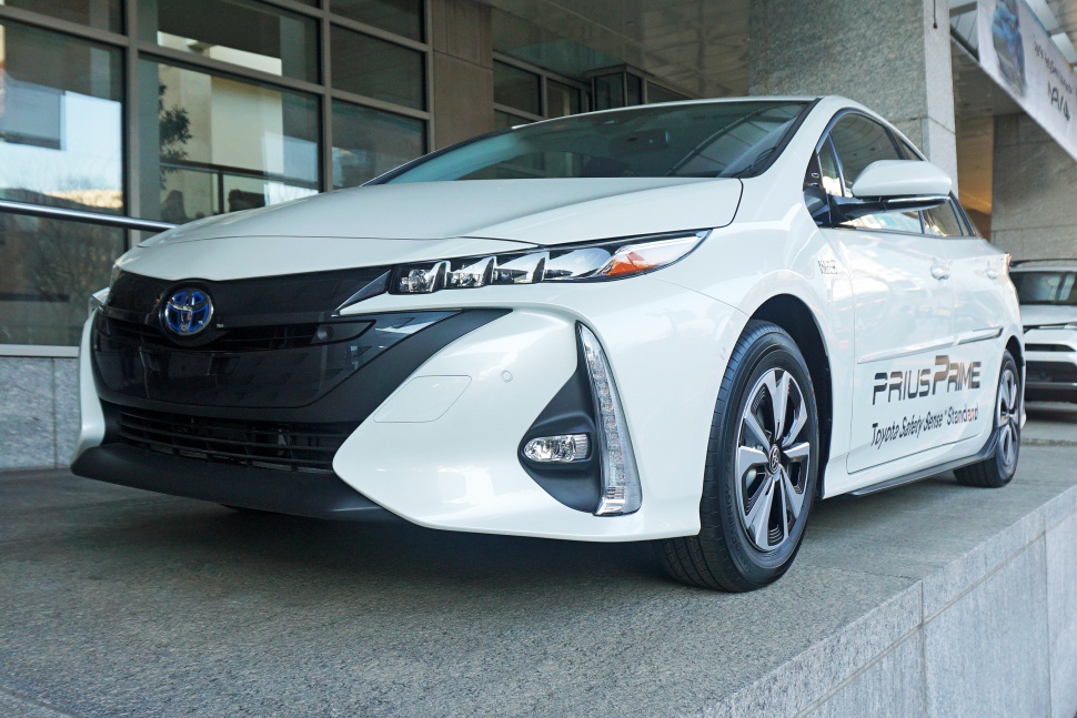 Close-up of front fascia and advanced headlight cluster on a hybrid vehicle