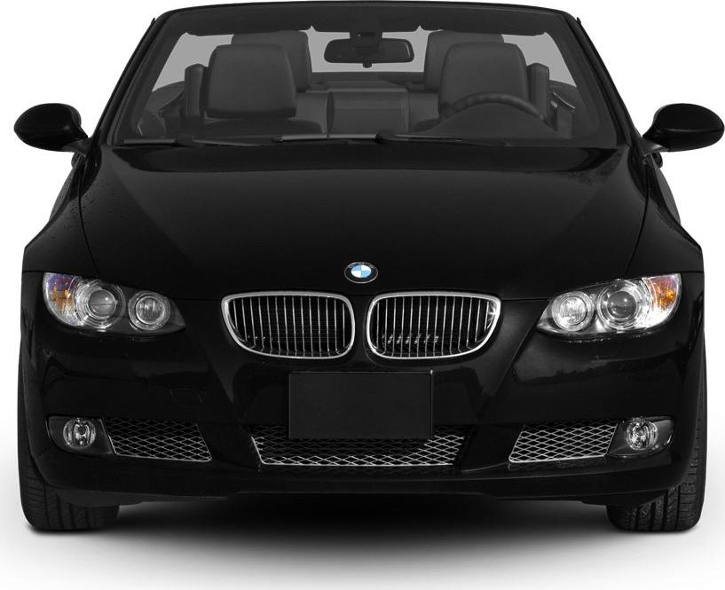 Front view of a black convertible featuring kidney grille and dual headlights