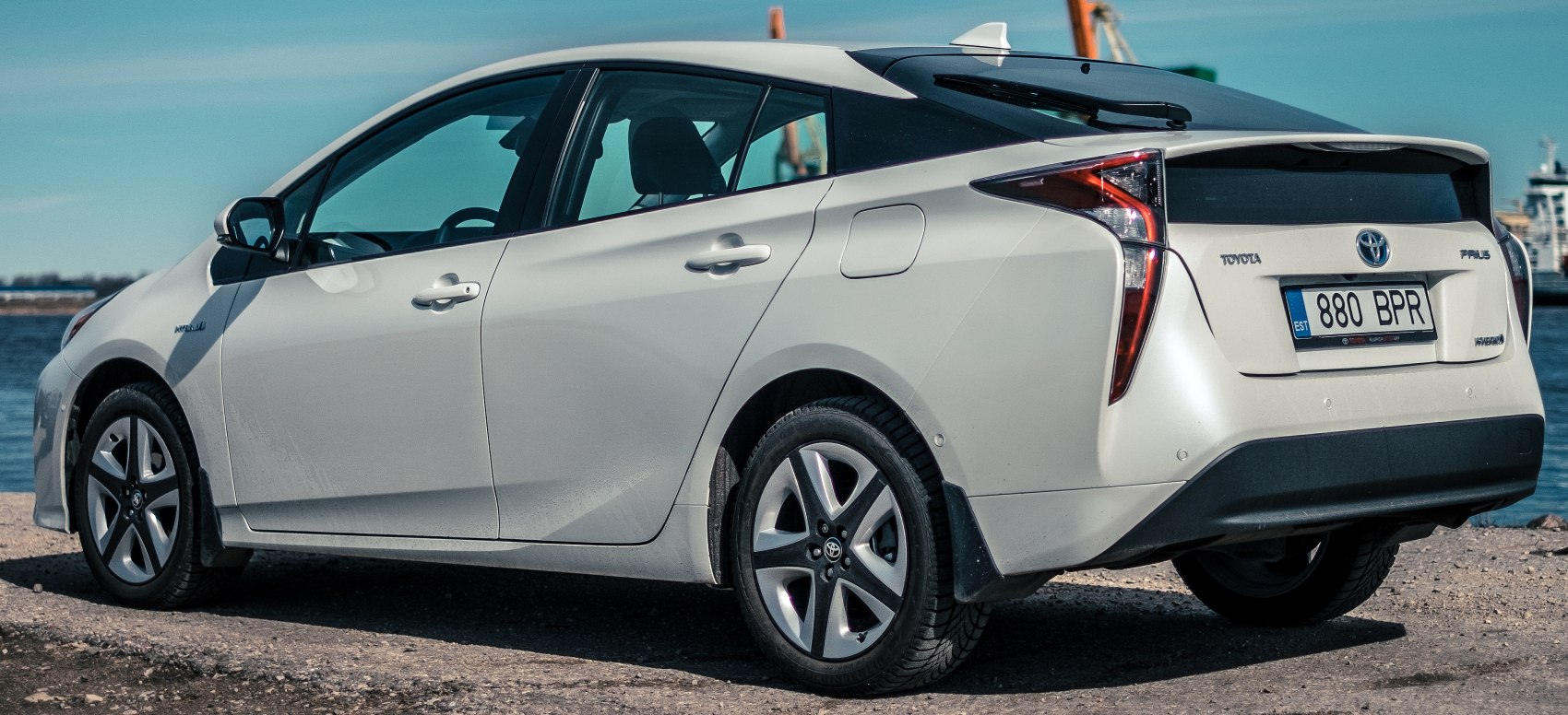 Hybrid hatchback rear and side view with distinctive tail lights