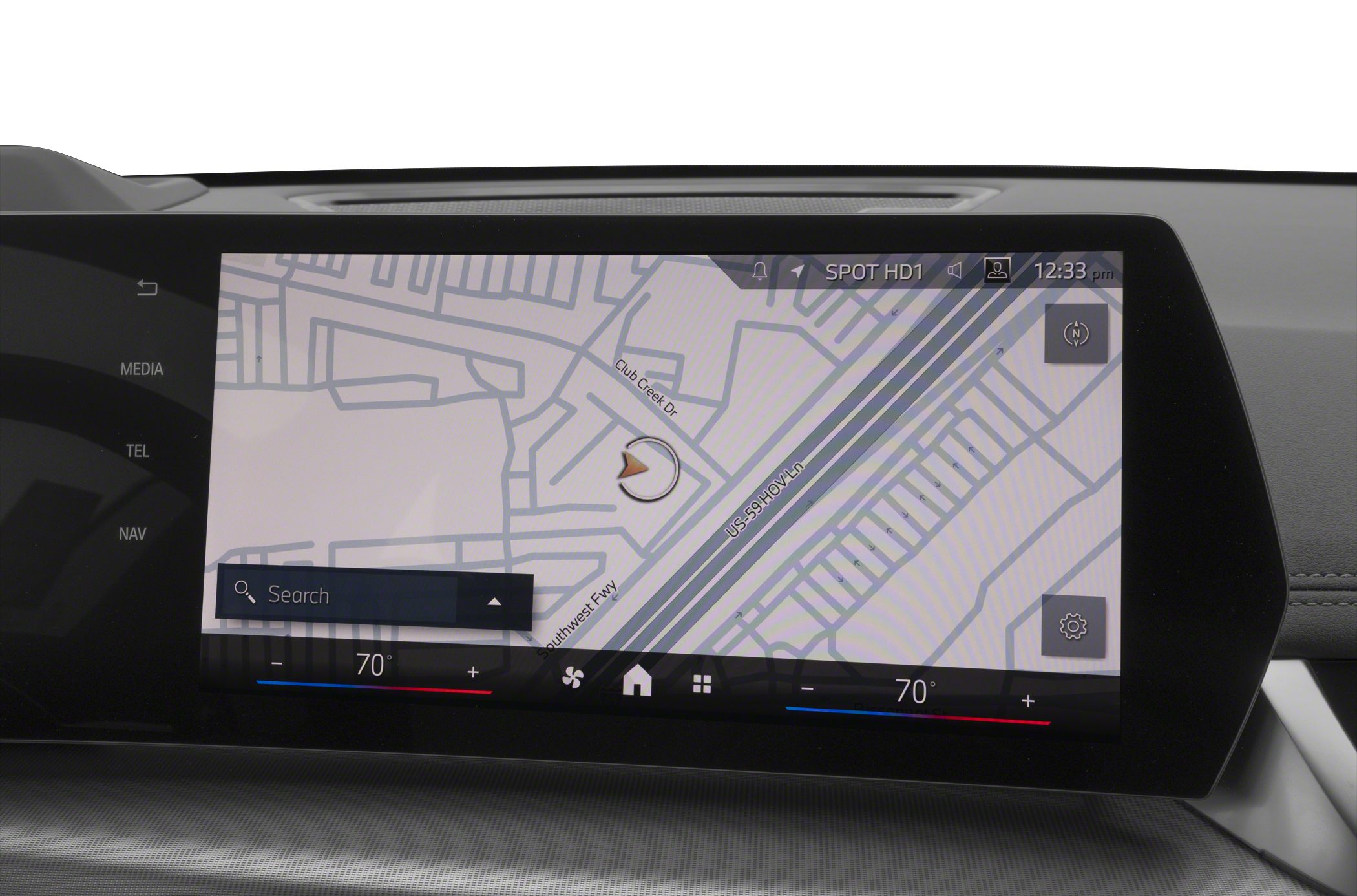 Touchscreen navigation and dual-zone climate control interface.