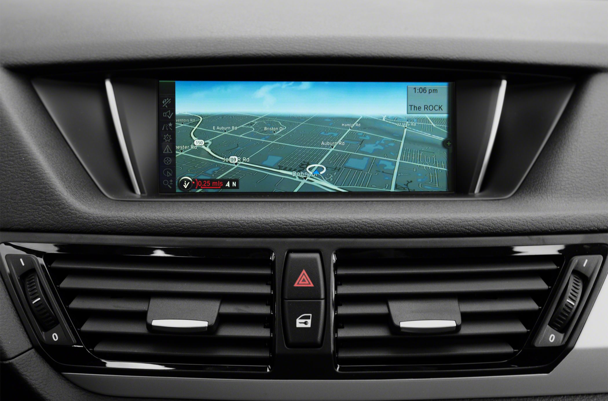 Navigation screen with map display and dual central air vents