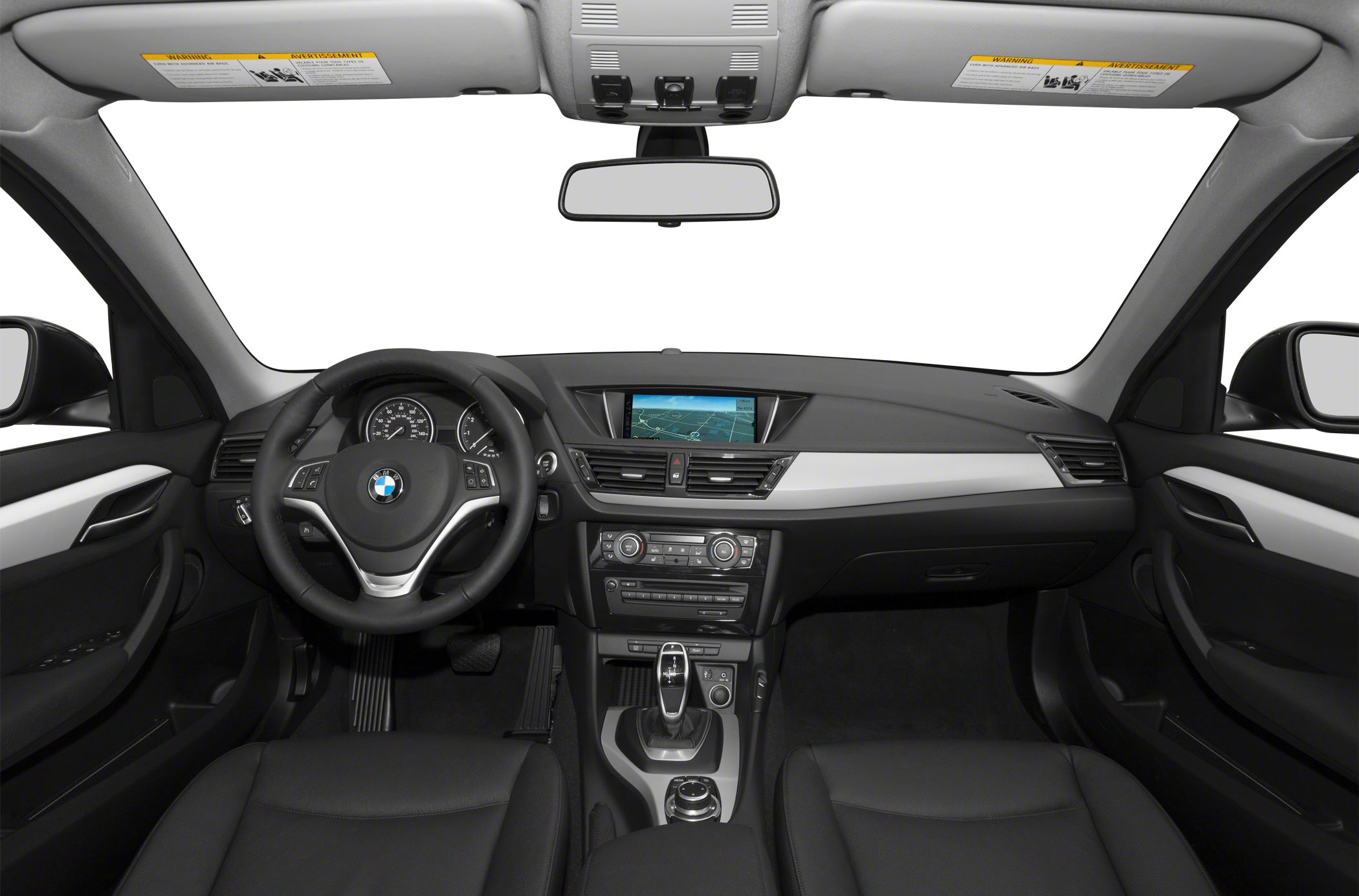 Dashboard and steering wheel with navigation screen and control panel