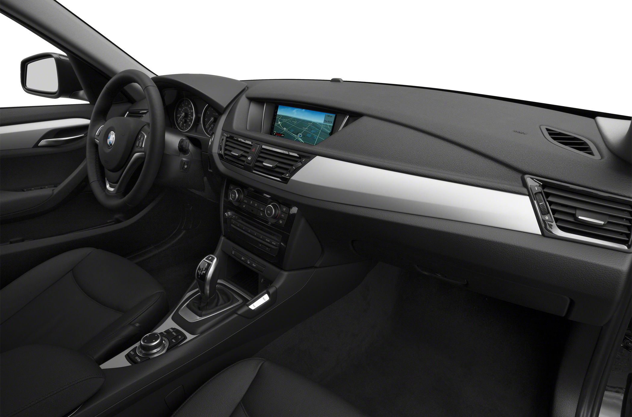 Modern dashboard and navigation screen with center console and steering wheel controls