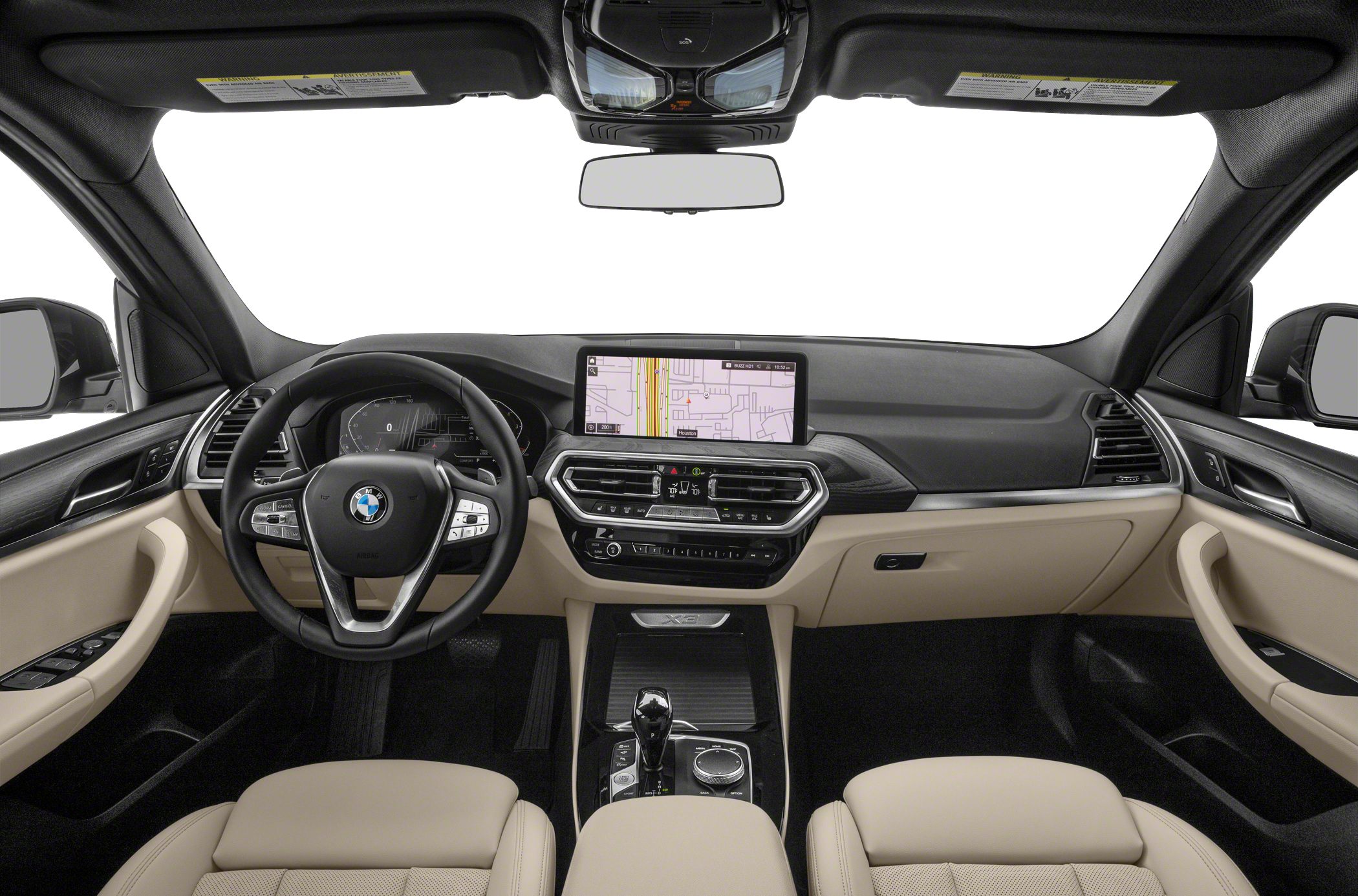 Modern dashboard, digital instrument cluster, large infotainment screen, luxurious beige interior