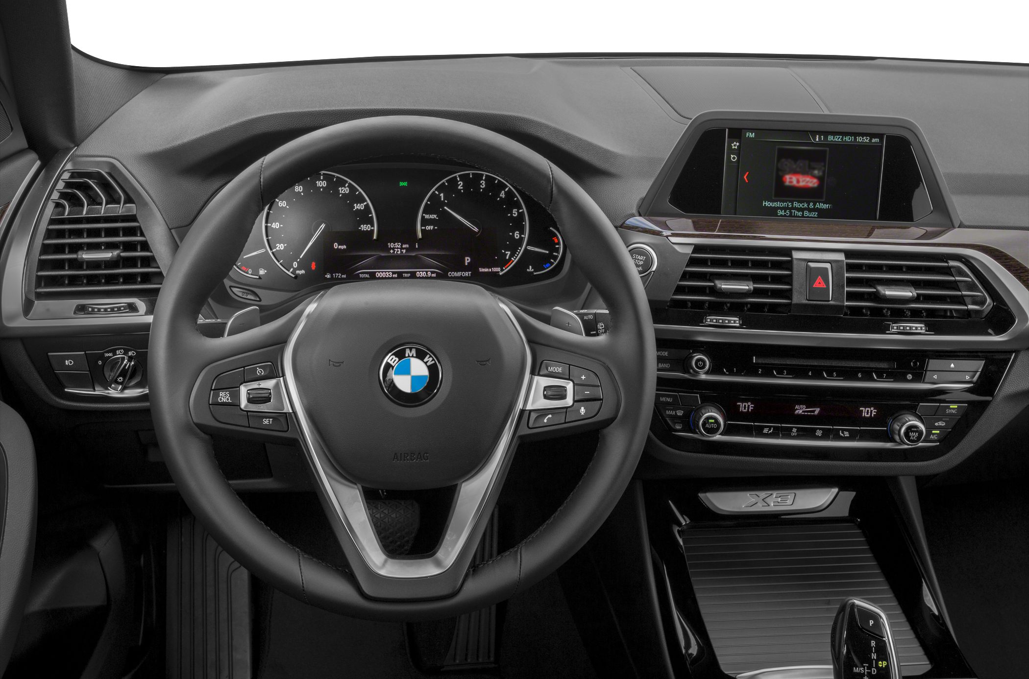 Digital instrument cluster and infotainment display with multi-function steering wheel