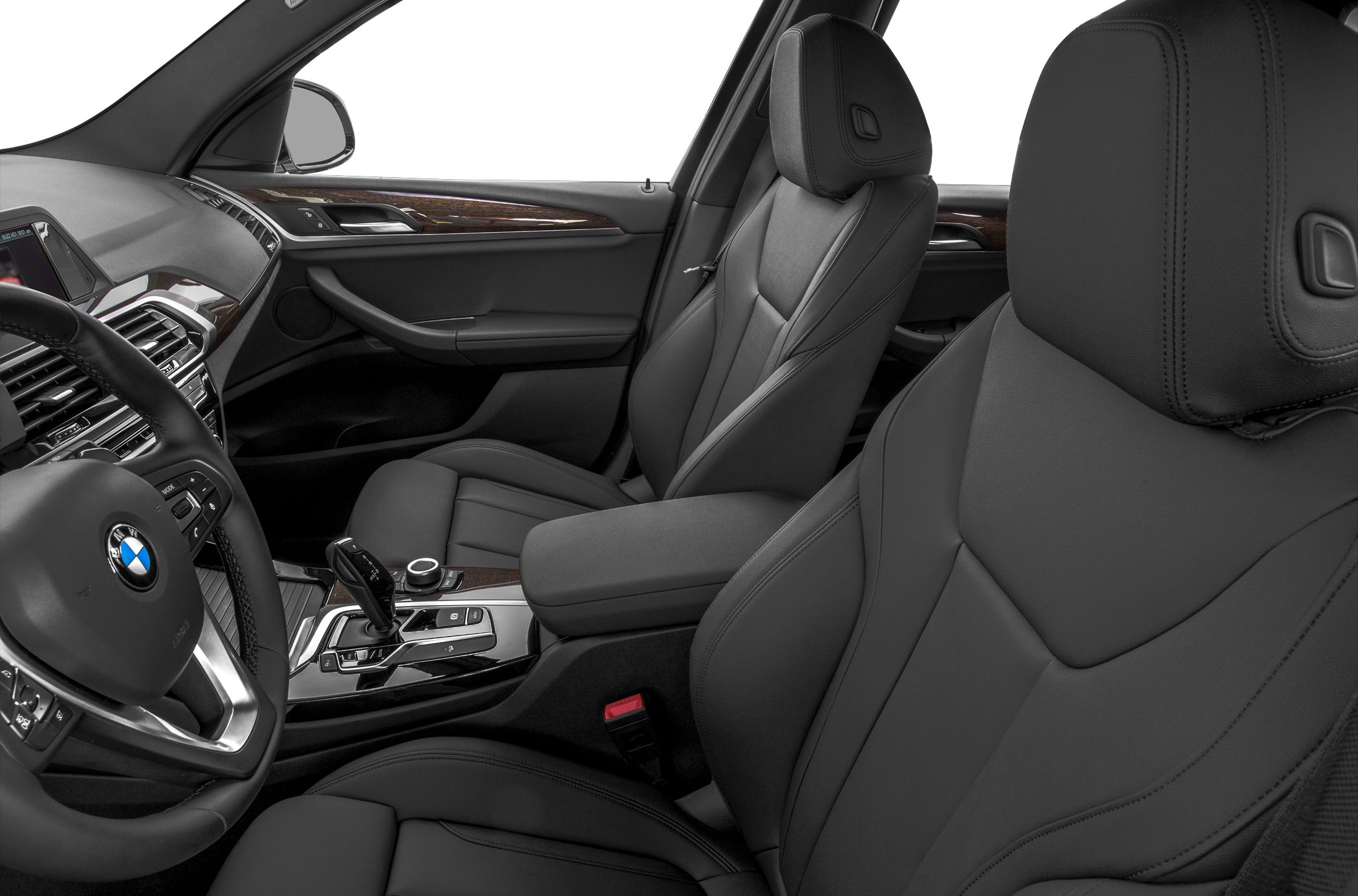Black leather seats and modern dashboard with wood trim