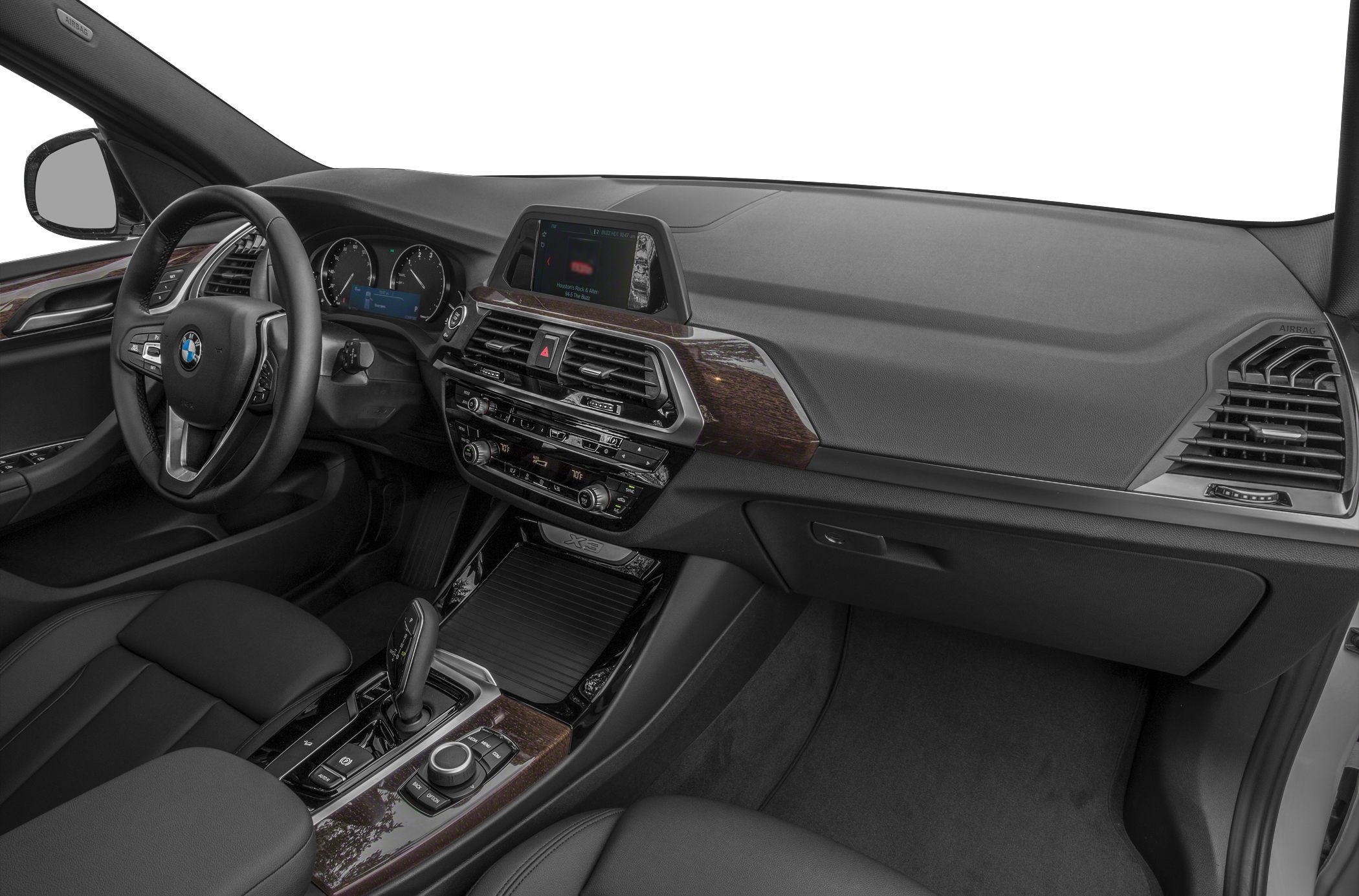Modern dashboard and center console with infotainment system and controls
