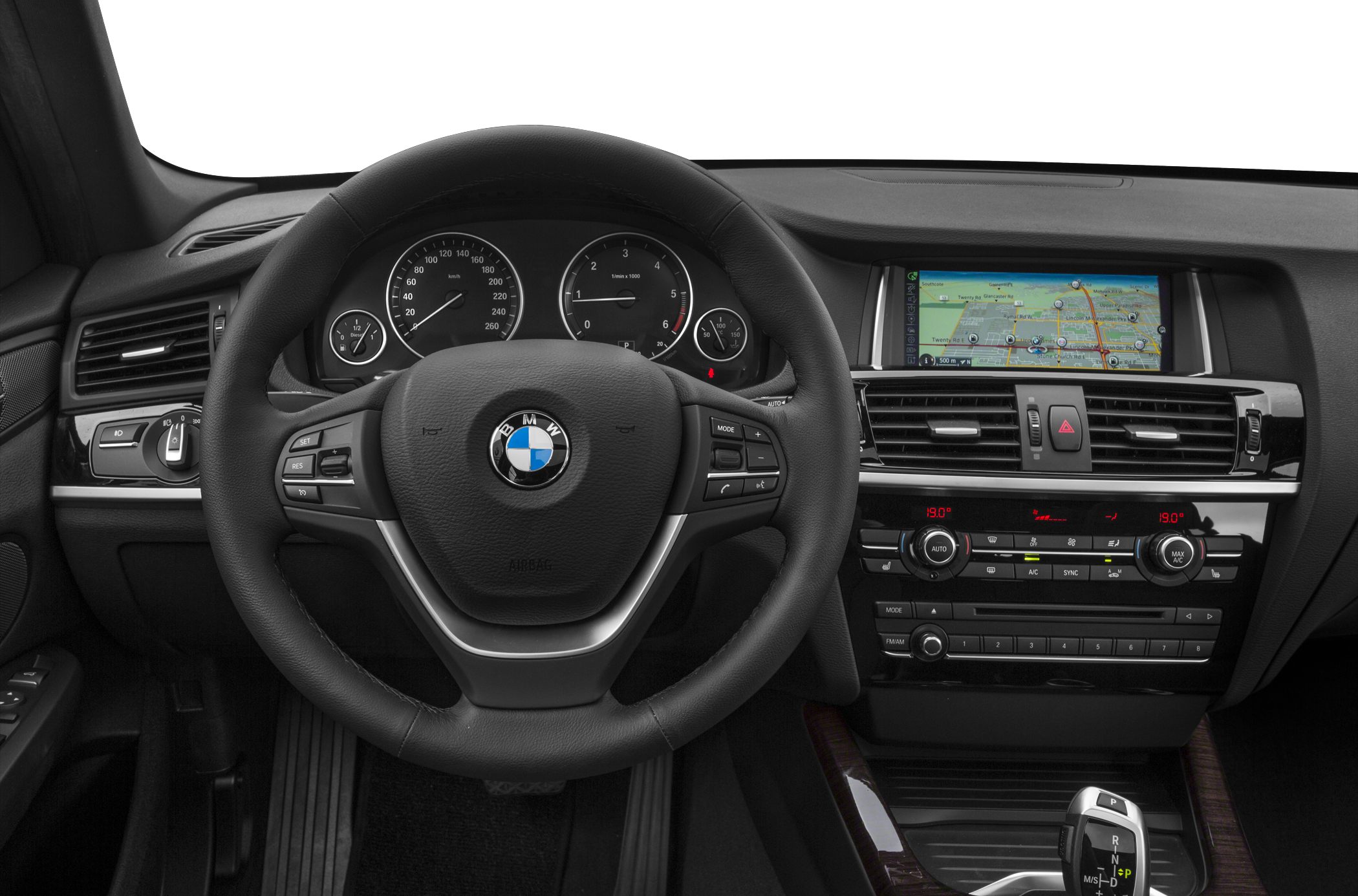 Dashboard, steering wheel, and navigation system with climate controls
