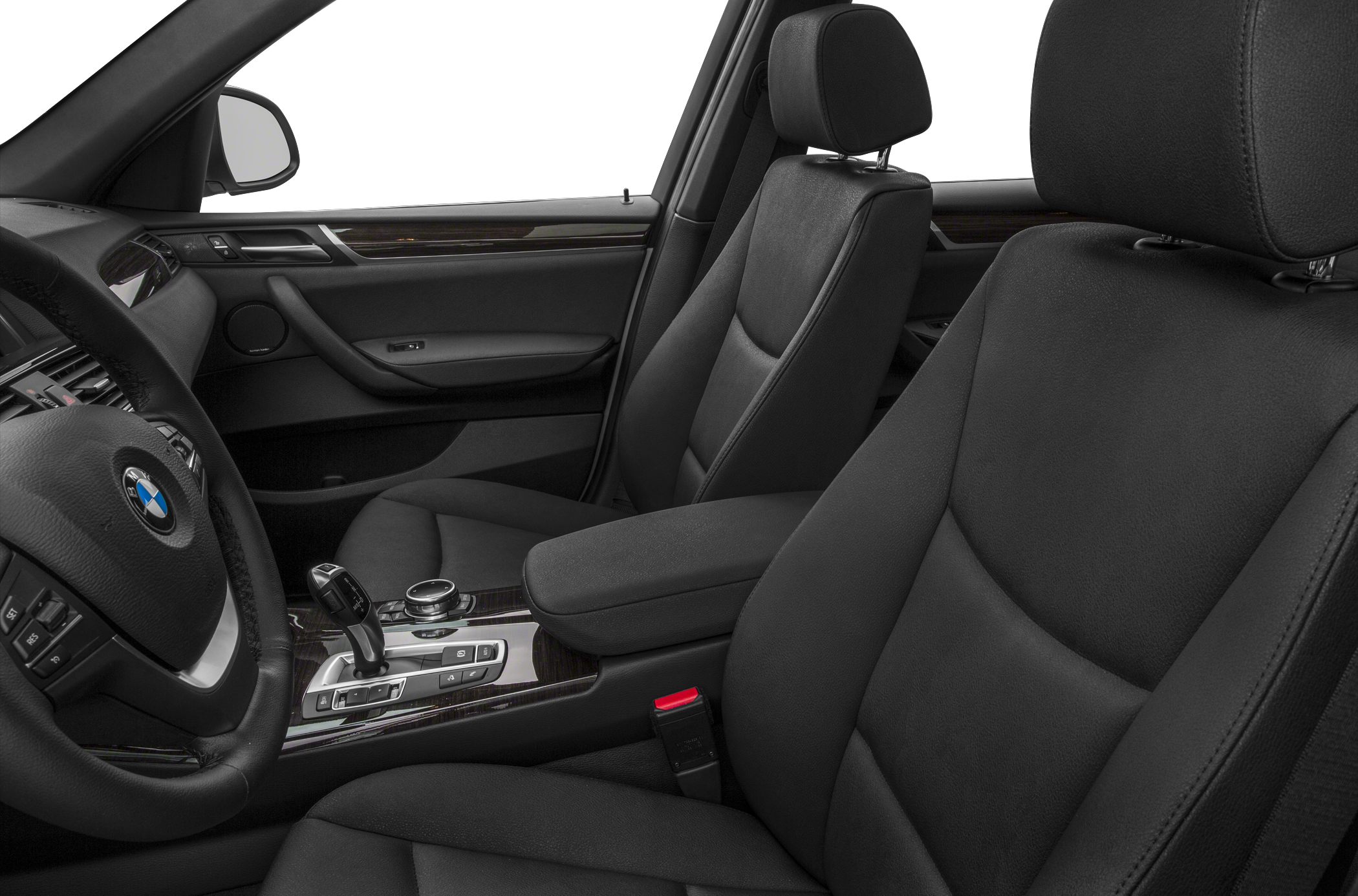 Black leather seats and central gear selector with wood trim interior