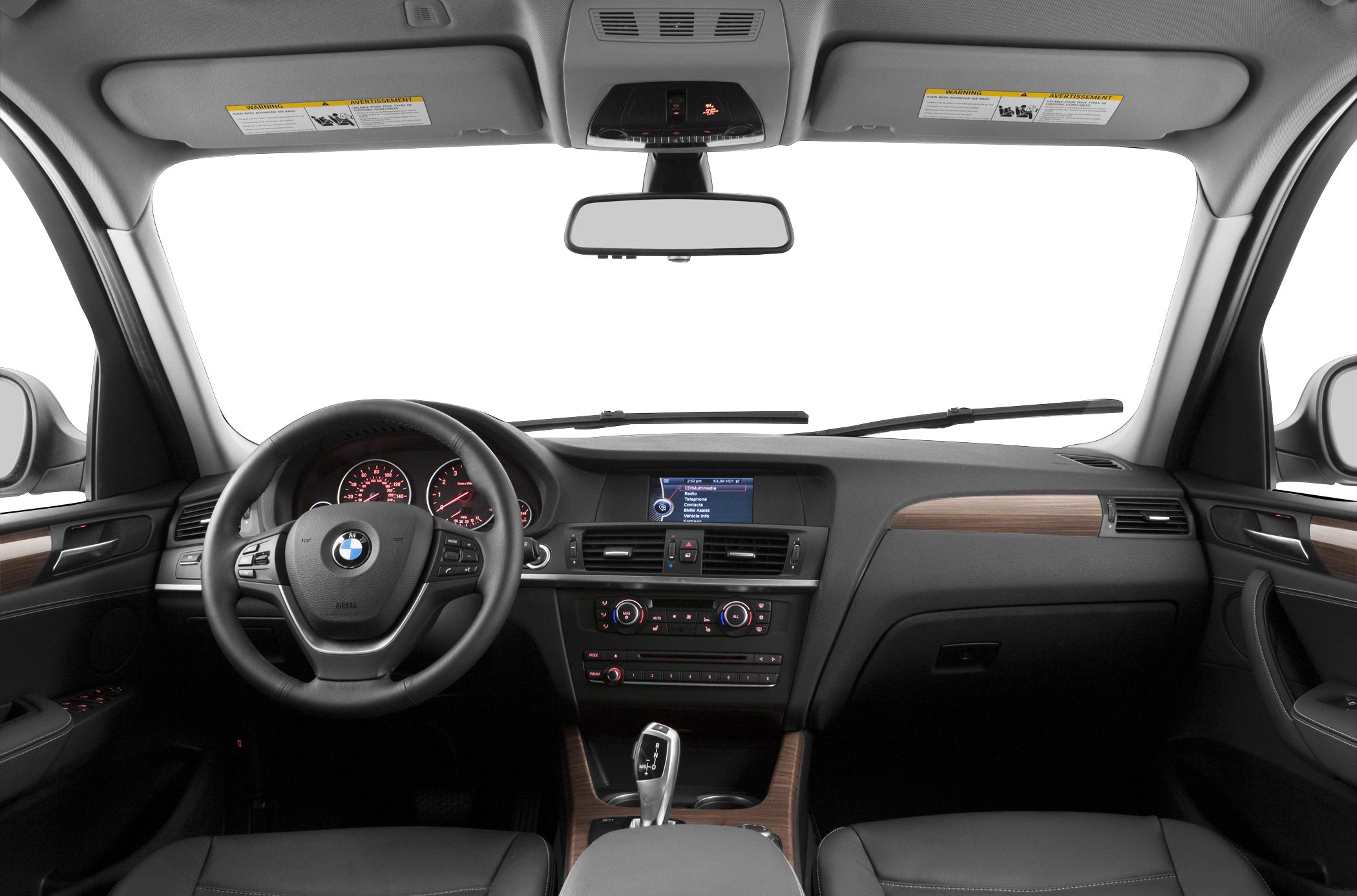 Interior dashboard and steering wheel with multimedia screen and wood trim