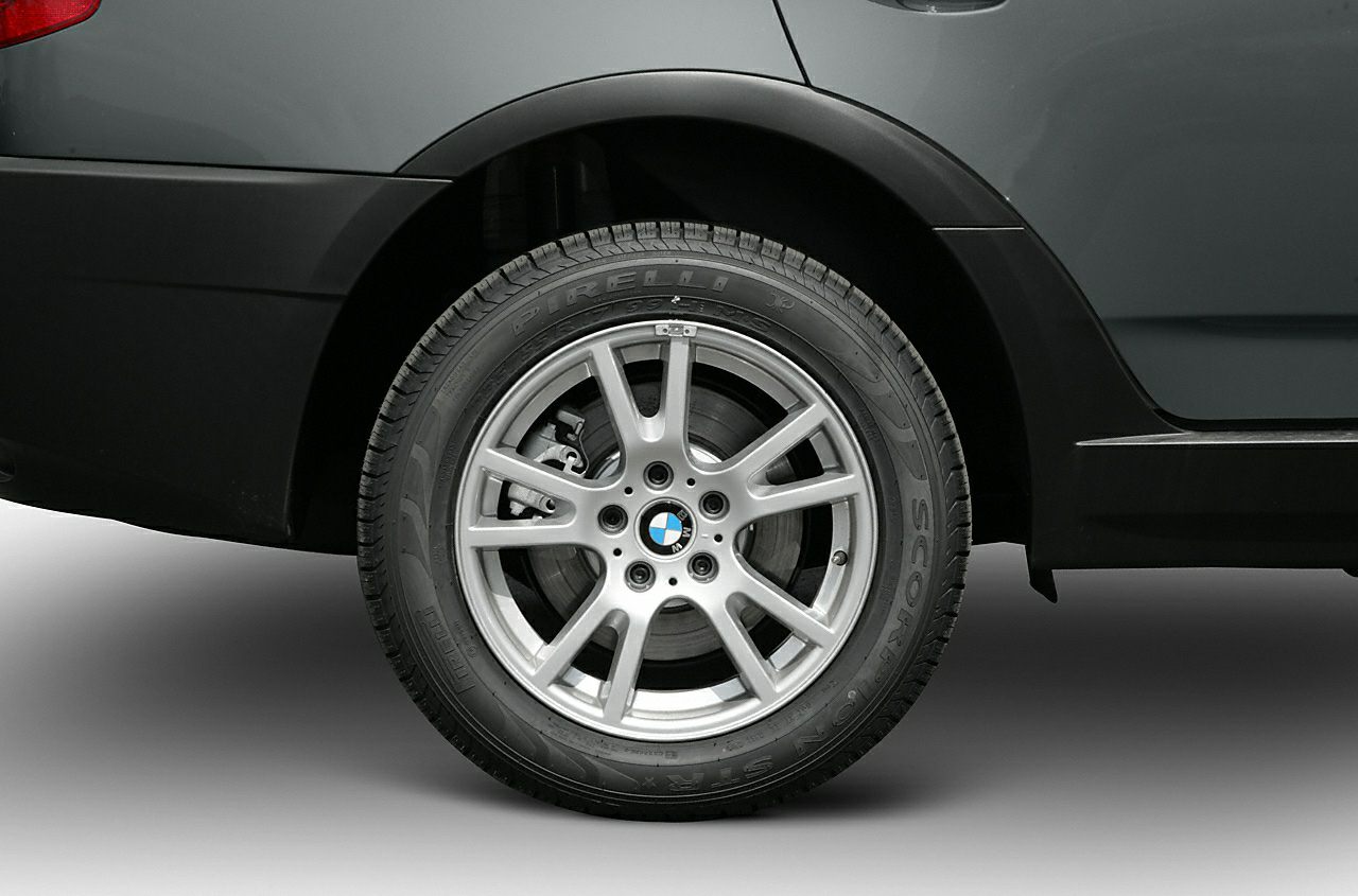 Close-up of alloy wheel with tire on compact SUV.