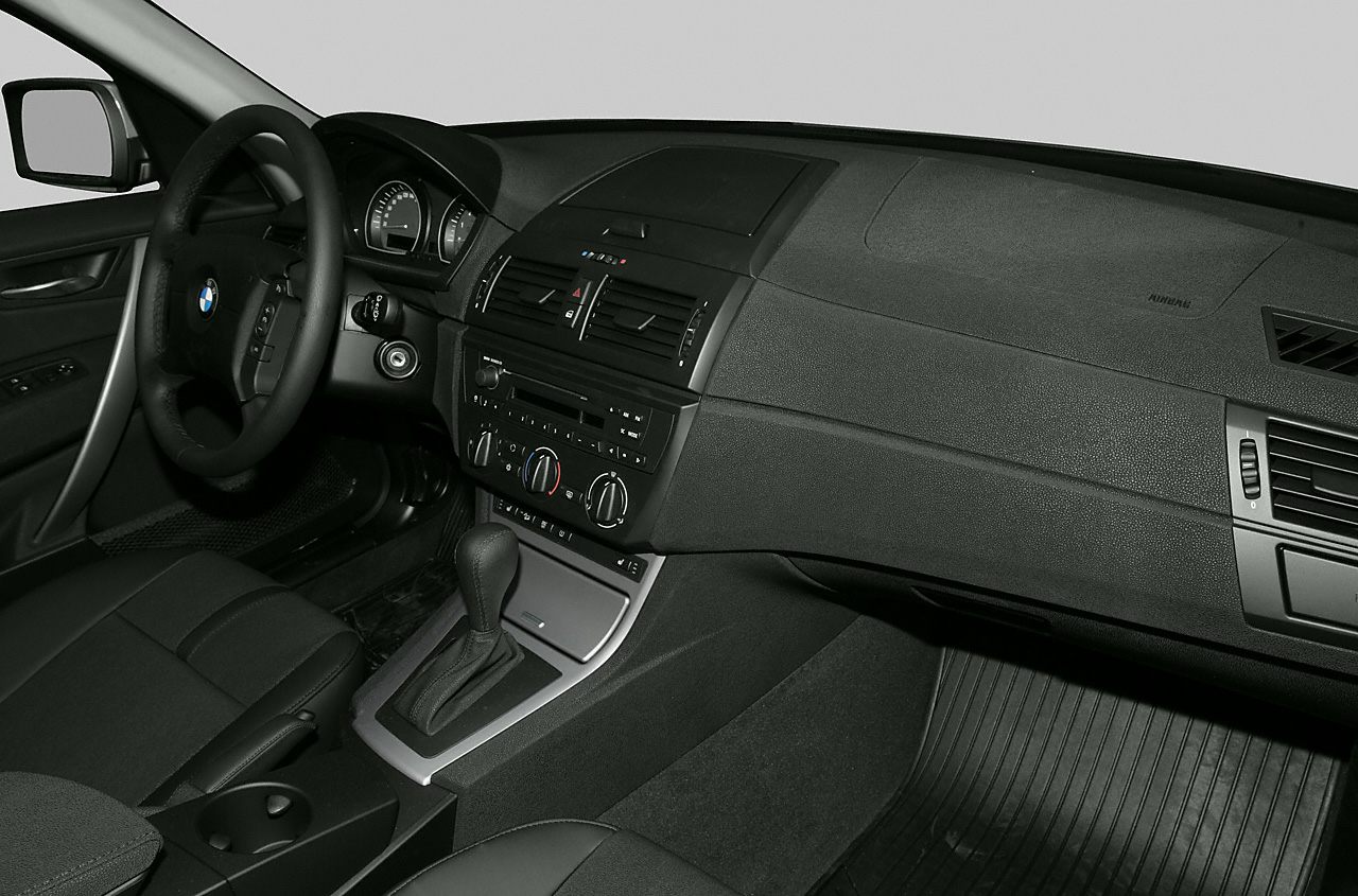 Dashboard and steering wheel view with center console controls
