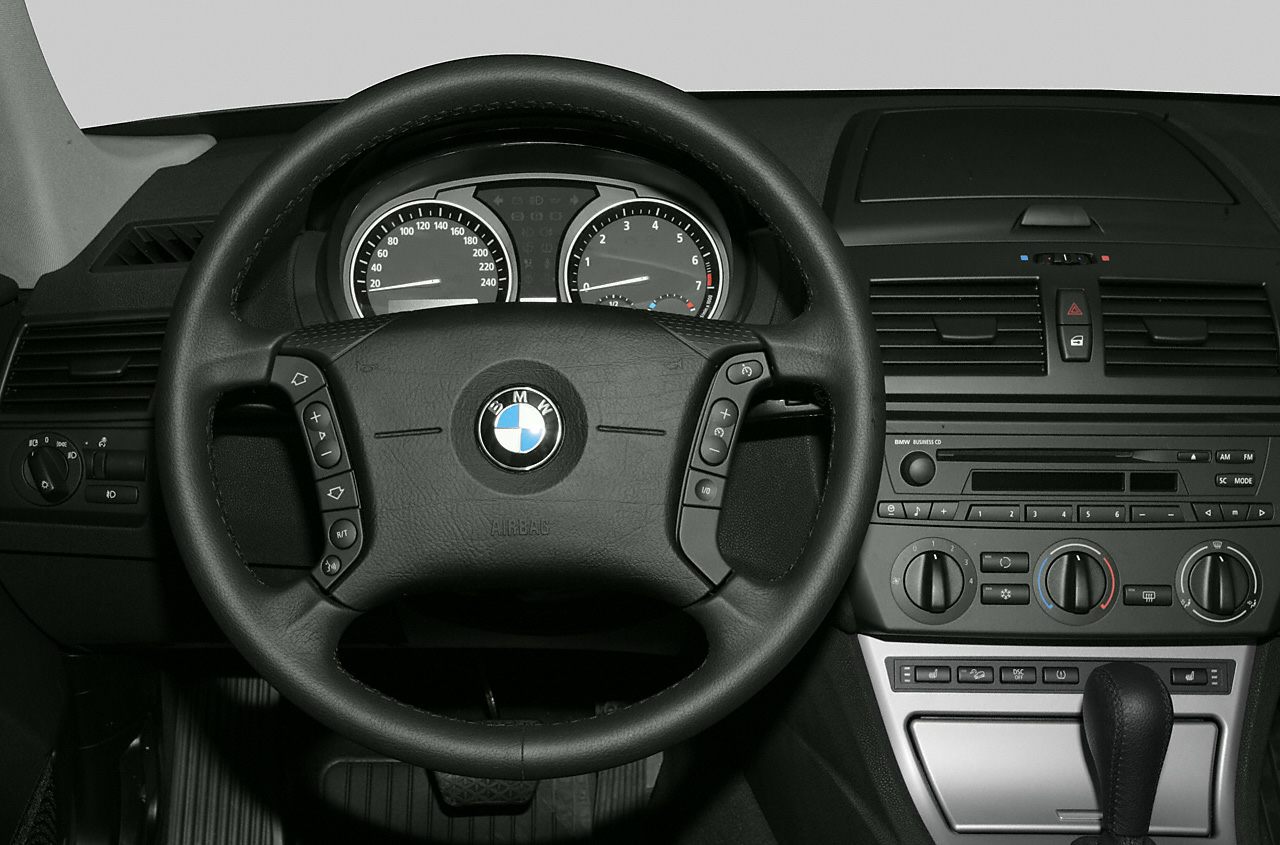 BMW steering wheel and dashboard with instrument cluster and control buttons