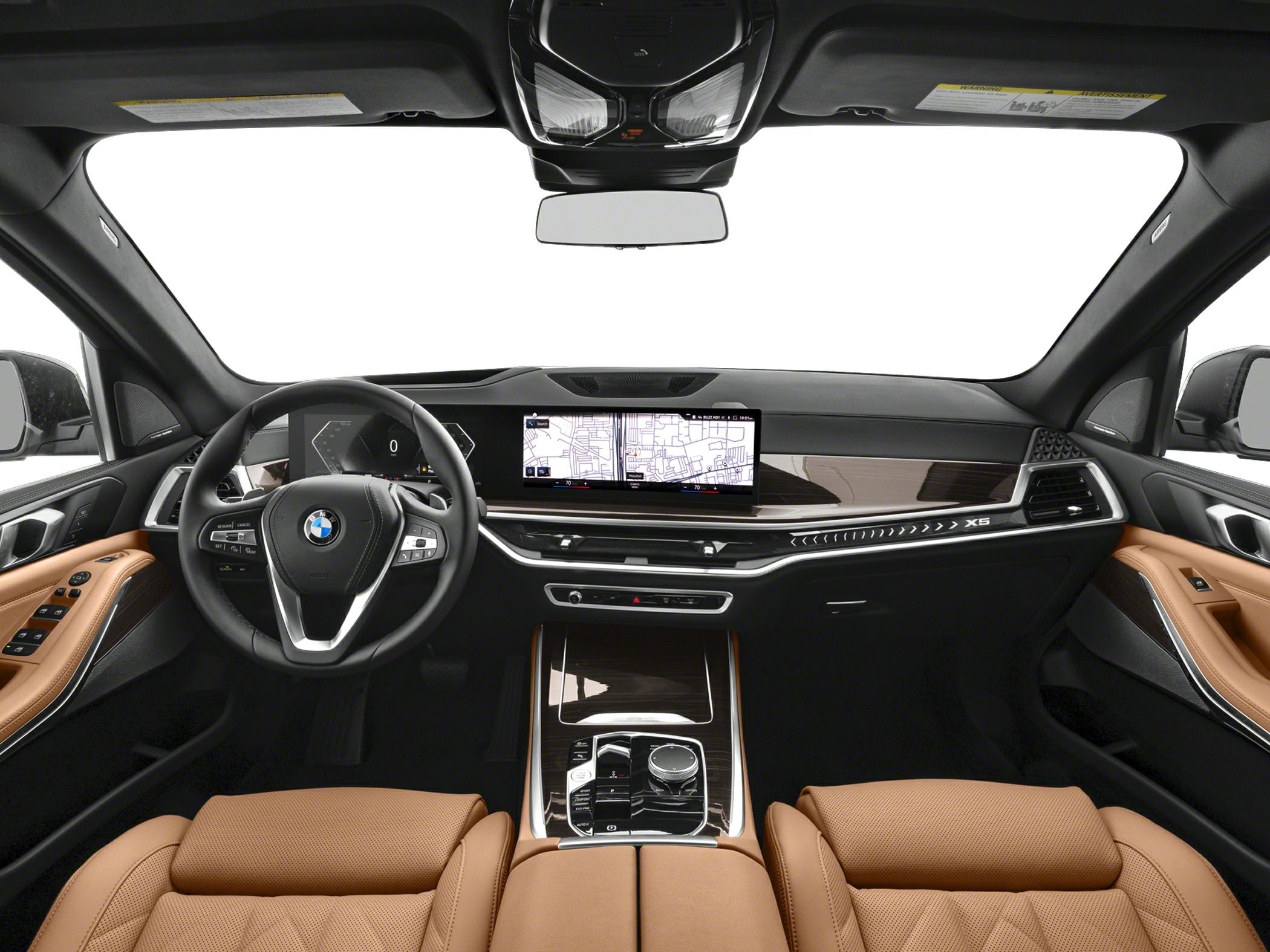 Digital dashboard, navigation display, leather seats, and modern steering wheel