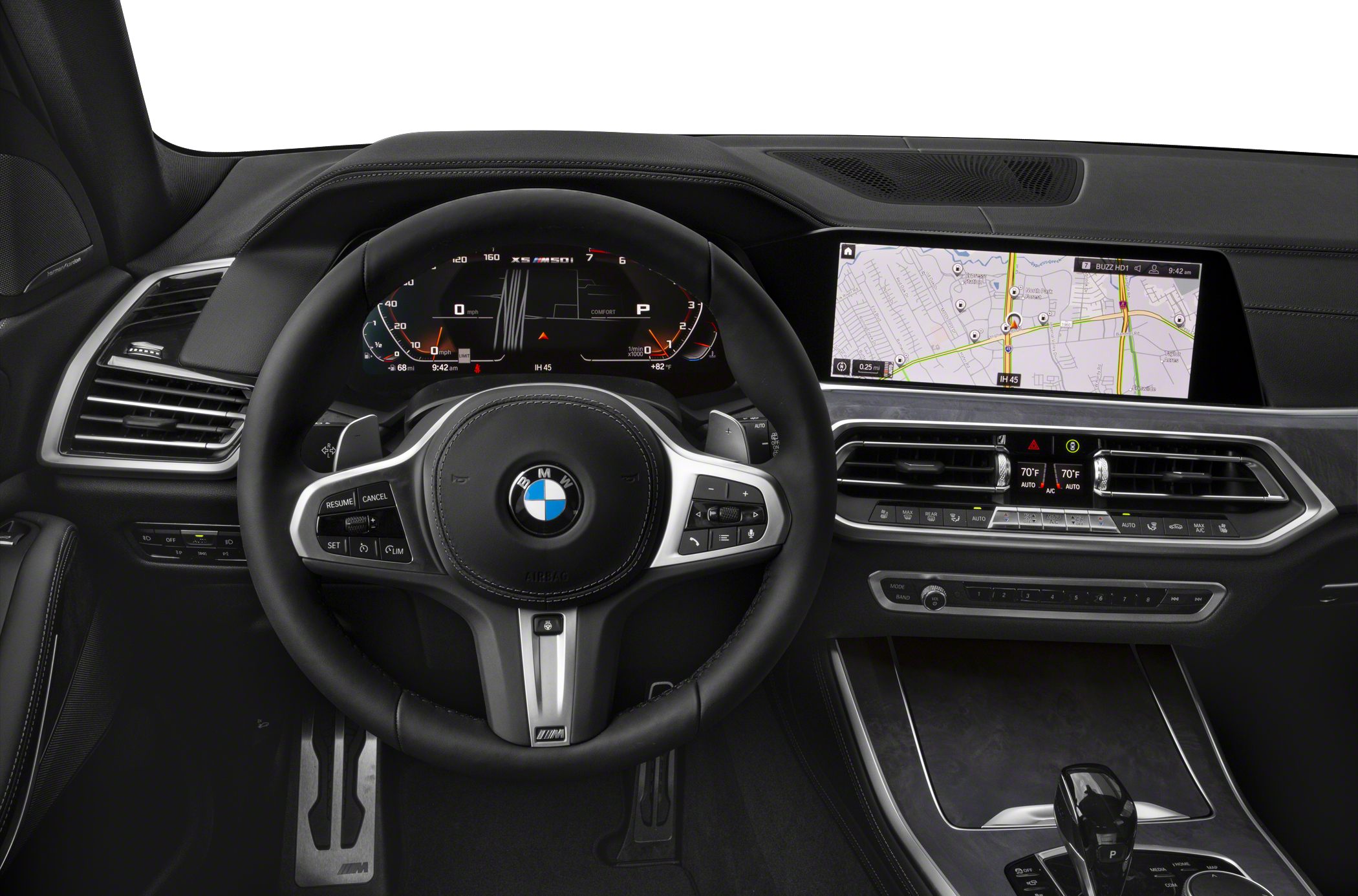 Digital dashboard, steering wheel with controls, infotainment navigation screen