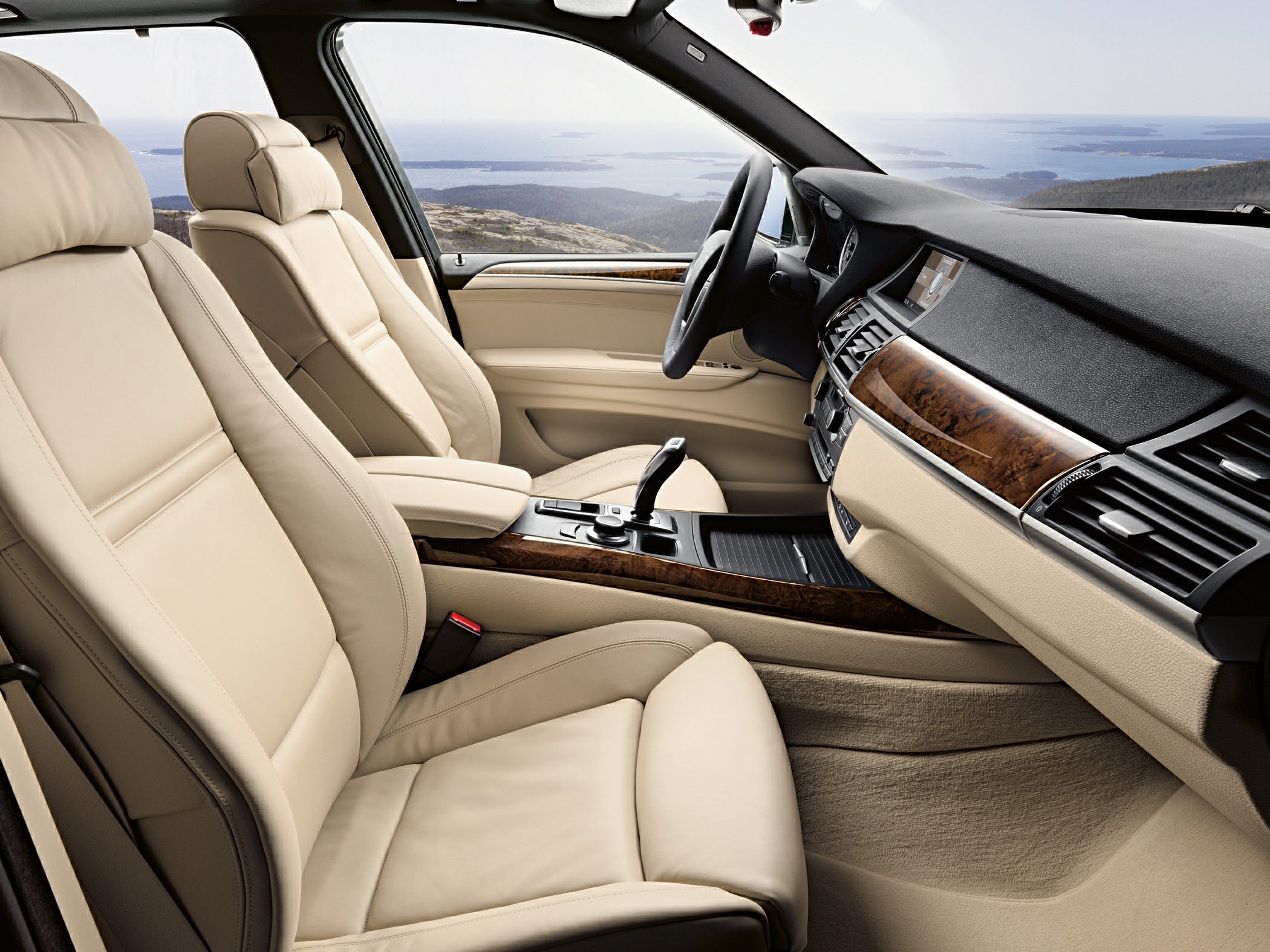 Beige leather seats and wood trim center console interior