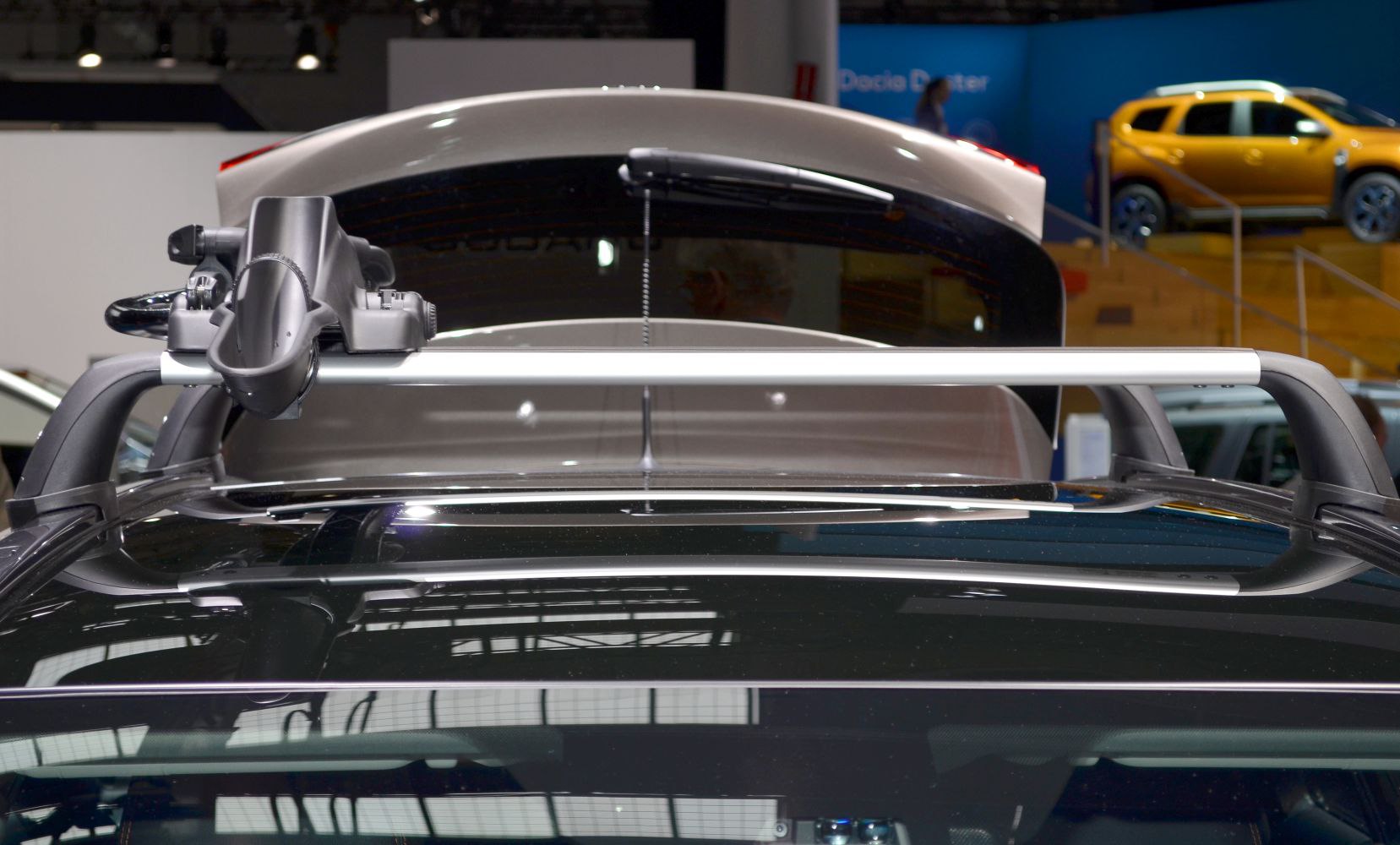 Roof rack and open hatchback rear view with raised tailgate