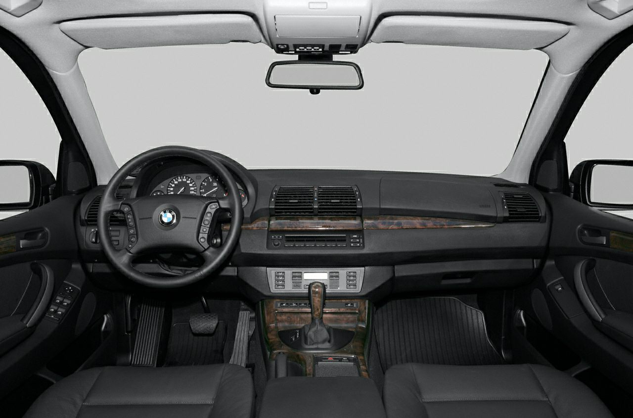 Dashboard and steering wheel with wood trim and control buttons