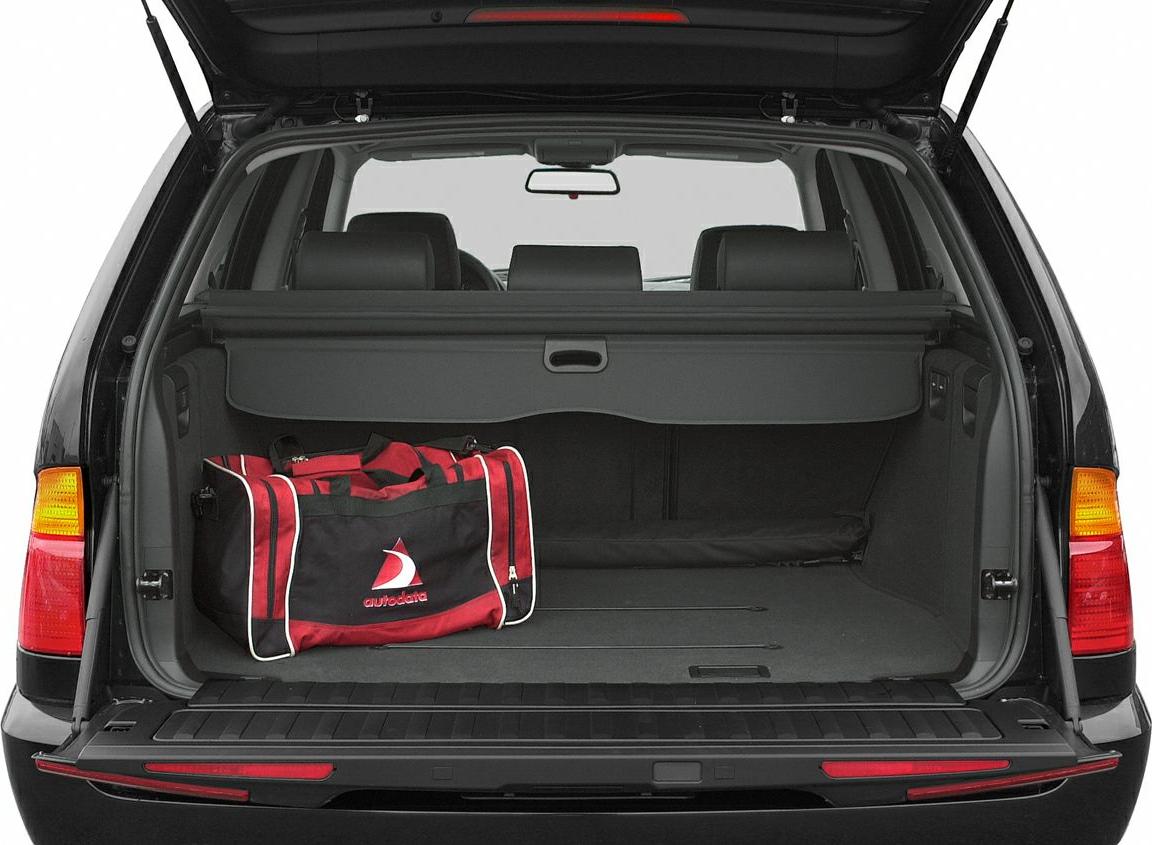 Spacious SUV rear cargo area with retractable cover and a soft bag.