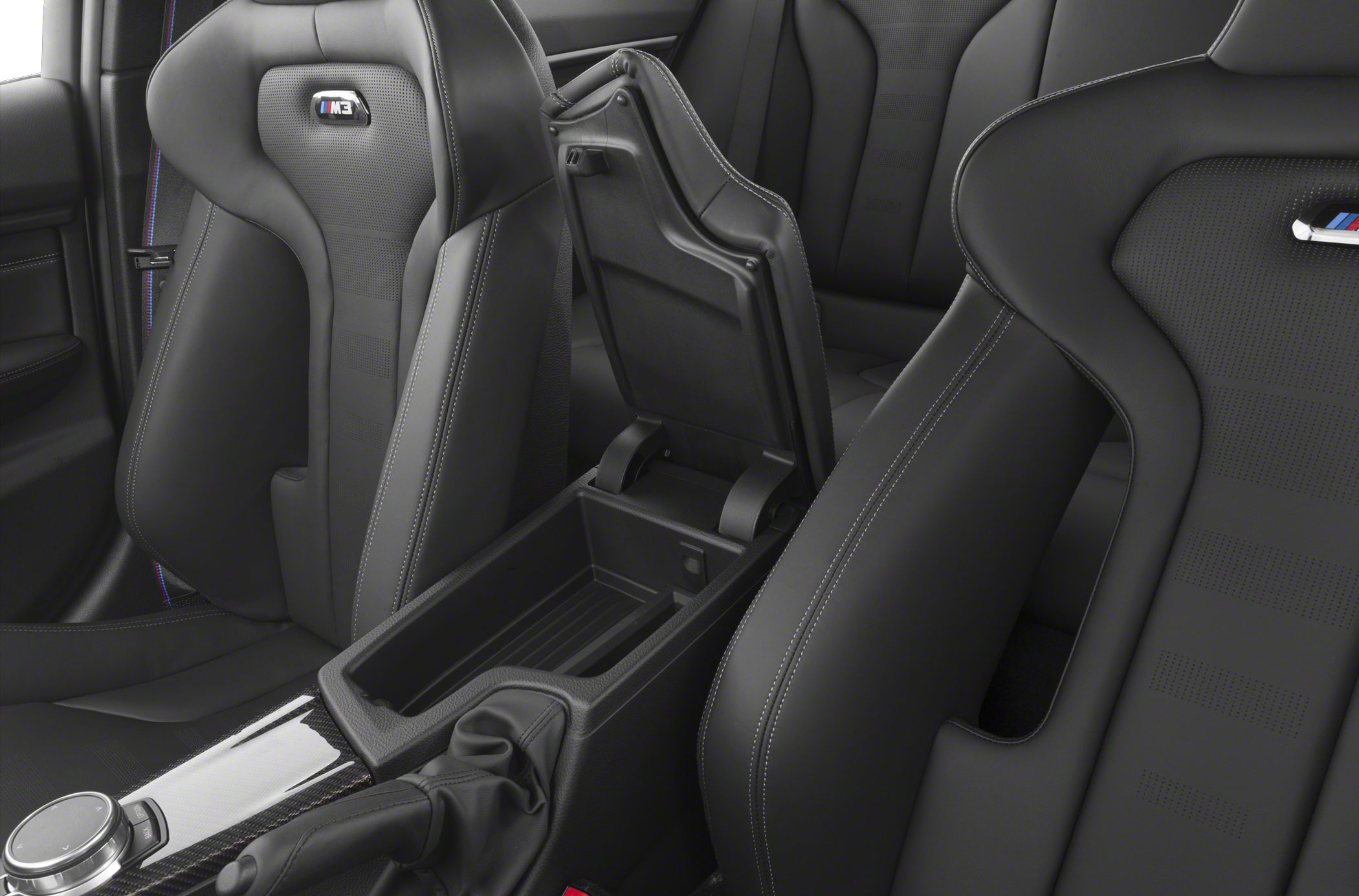 Sporty leather seats with logo and open center console compartment