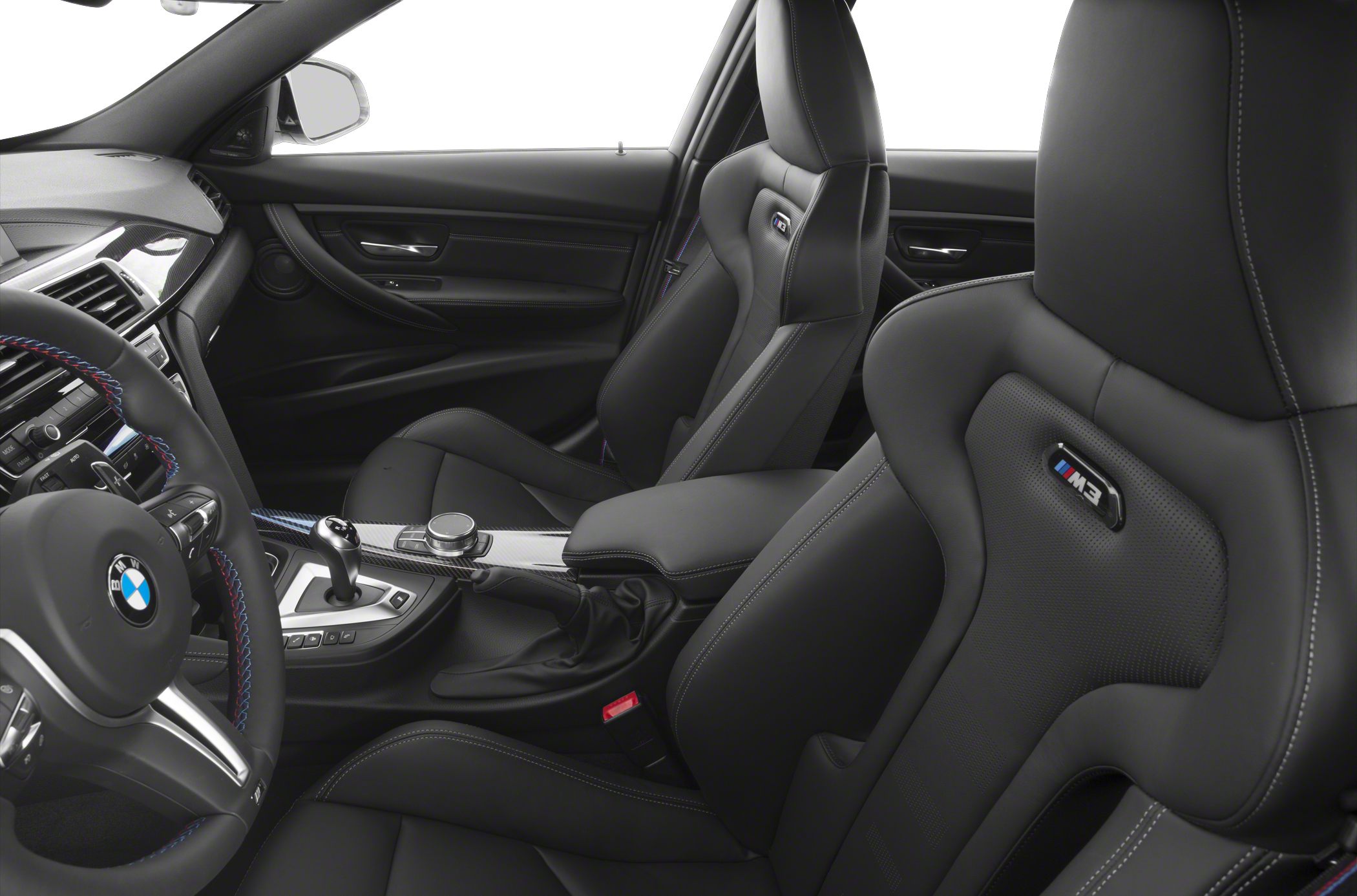 Sport seats with M3 logo and carbon fiber trim in luxury car interior
