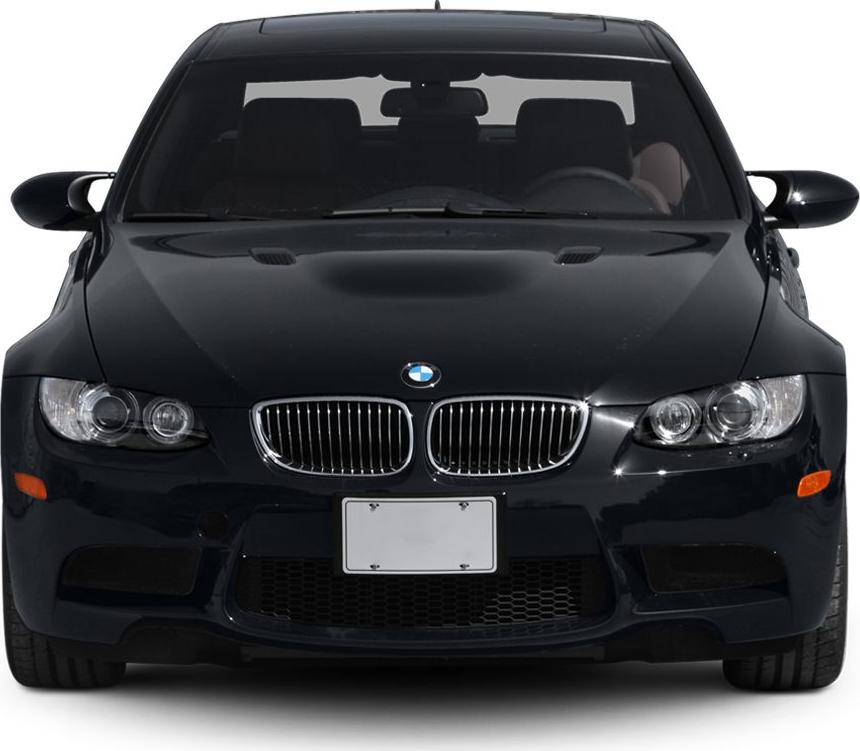 Front view of a performance sedan with kidney grille and aggressive headlights