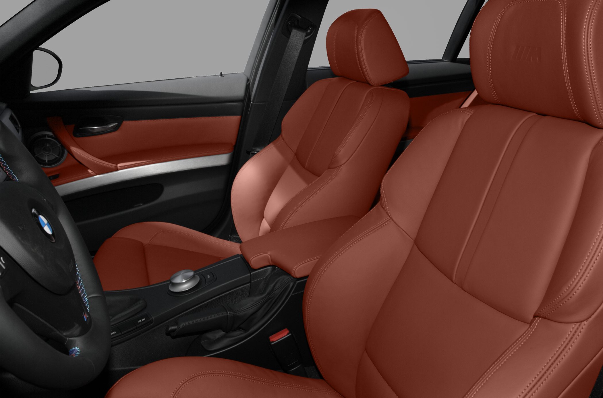 Close-up of red leather sport seats and interior details